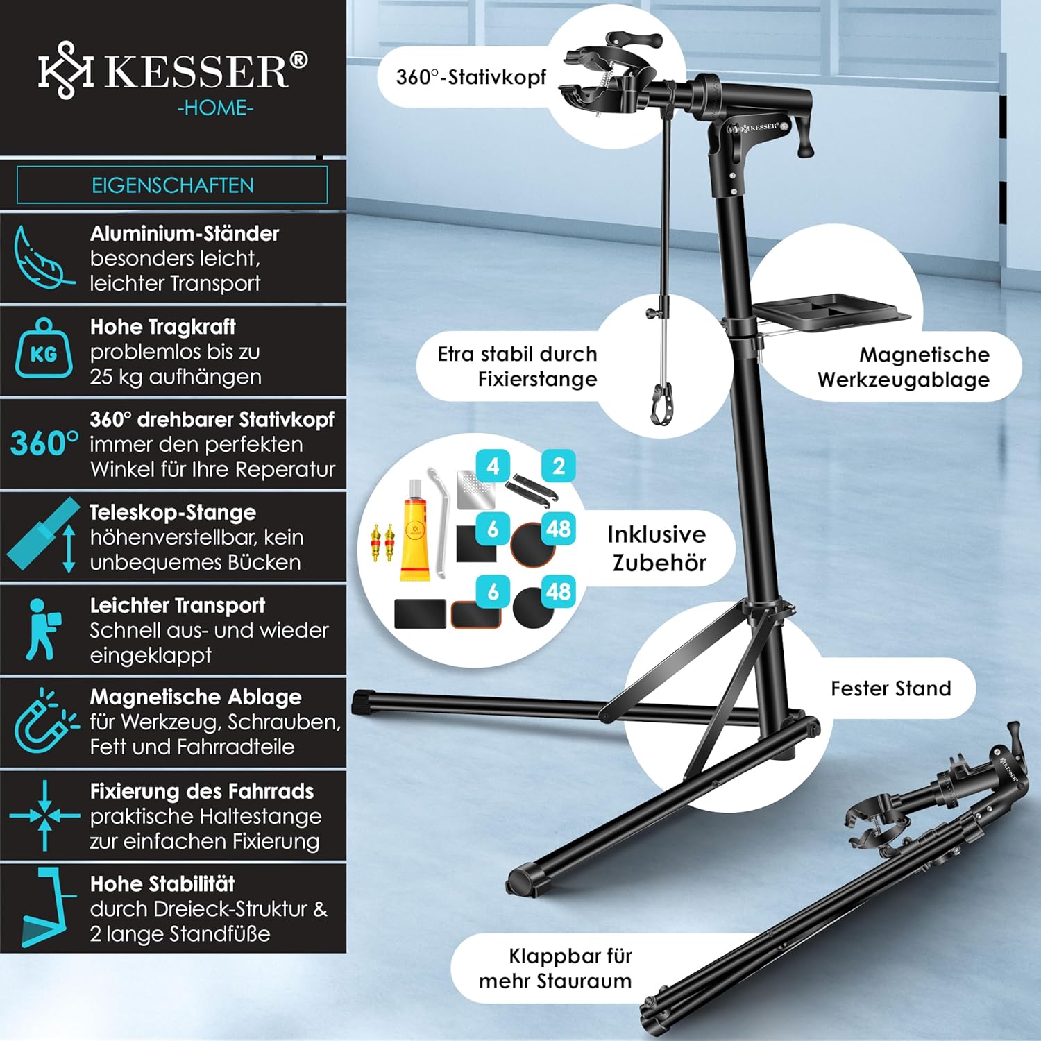 KESSER® Fahrradreparaturständer Aluminium – 360° drehbar, Schnellverschluss, für Mountain‑ und E‑Bikes