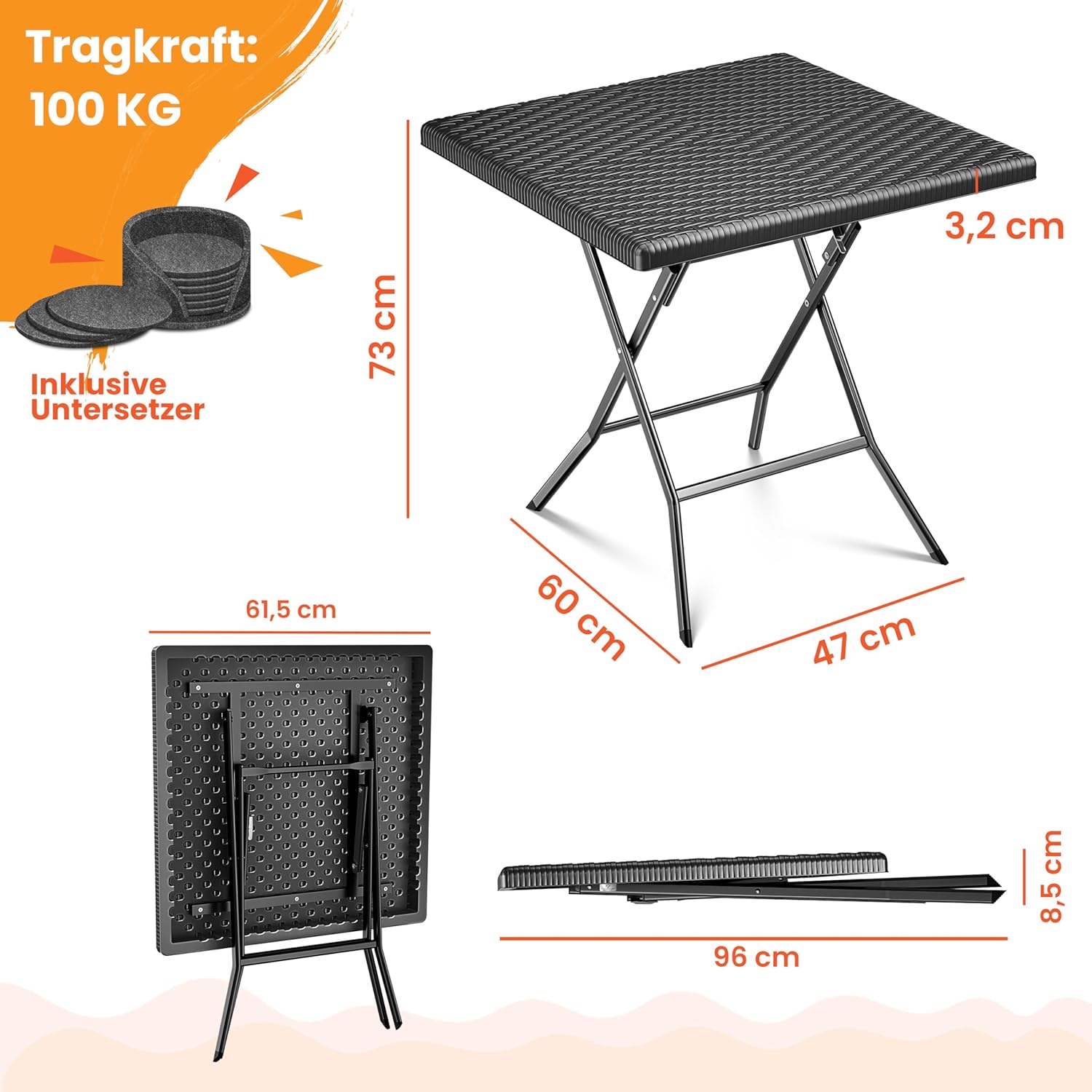 KESSER Faltbarer Balkon‑Tisch, wetterfest, UV‑beständig, Rattan‑Look