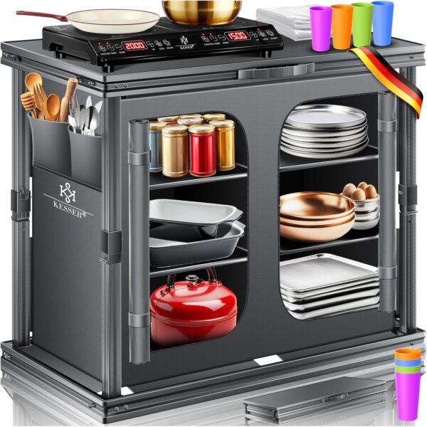 KESSER® Faltbarer Campingküchenschrank 84x80 cm, Aluminiumrahmen, 6 Fächer, 4 Tassen‑Set