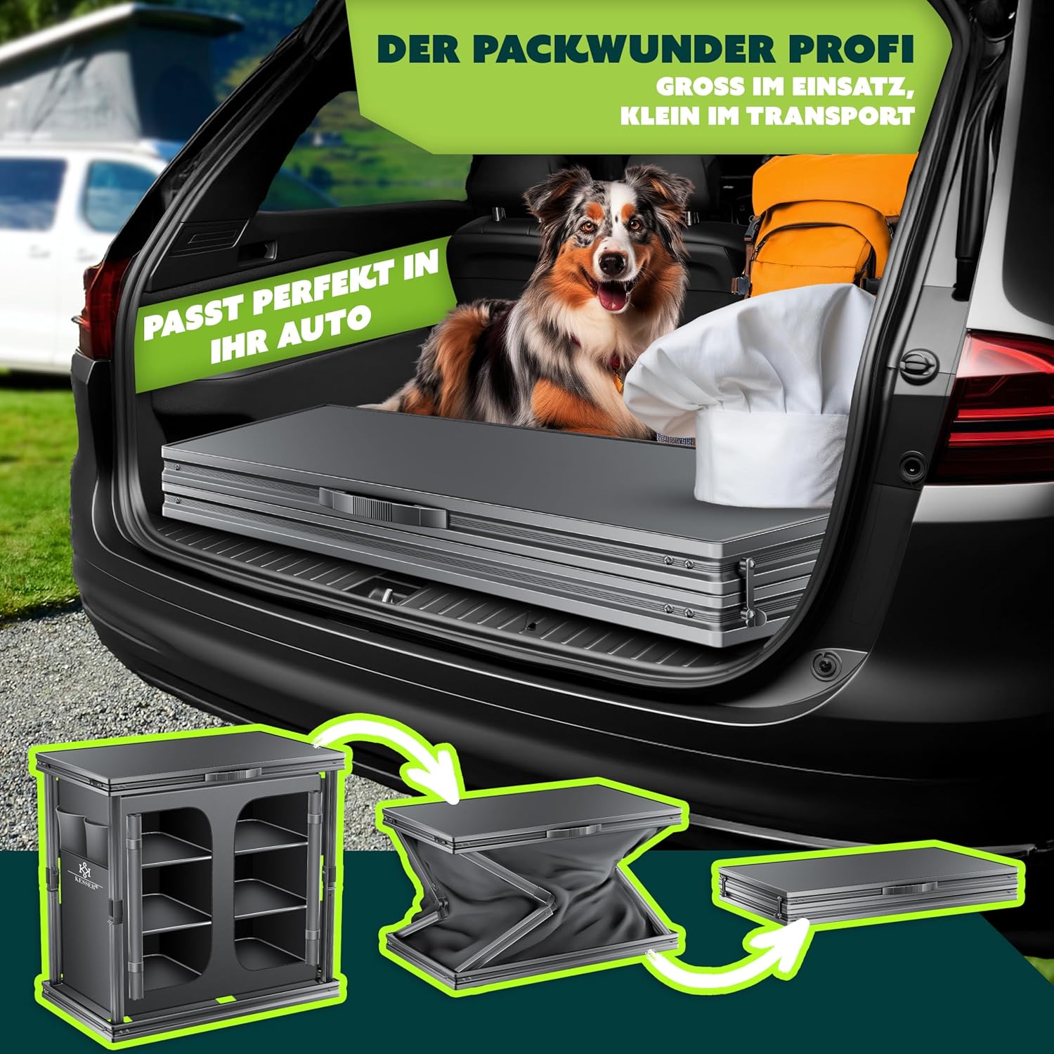 KESSER® Faltbarer Campingküchenschrank 84x80 cm, Aluminiumrahmen, 6 Fächer, 4 Tassen‑Set
