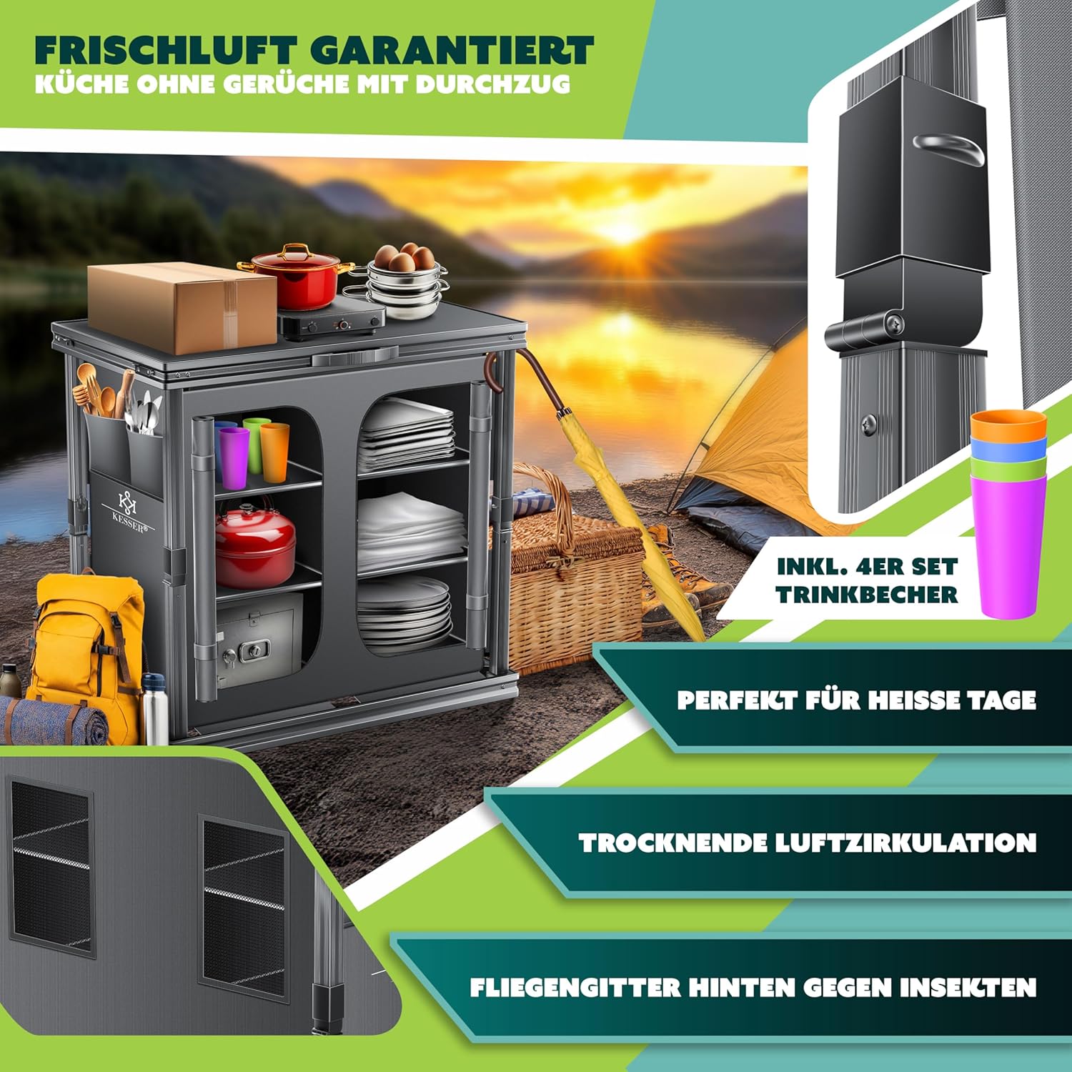 KESSER® Faltbarer Campingküchenschrank 84x80 cm, Aluminiumrahmen, 6 Fächer, 4 Tassen‑Set