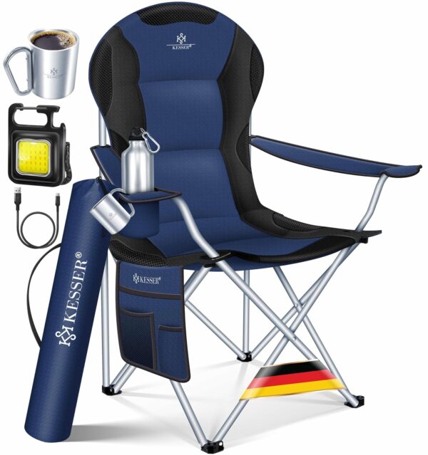 KESSER® Faltbarer Campingstuhl 150 kg, gepolsterte Armlehnen, hoher Rücken, Licht & Trinkhalter