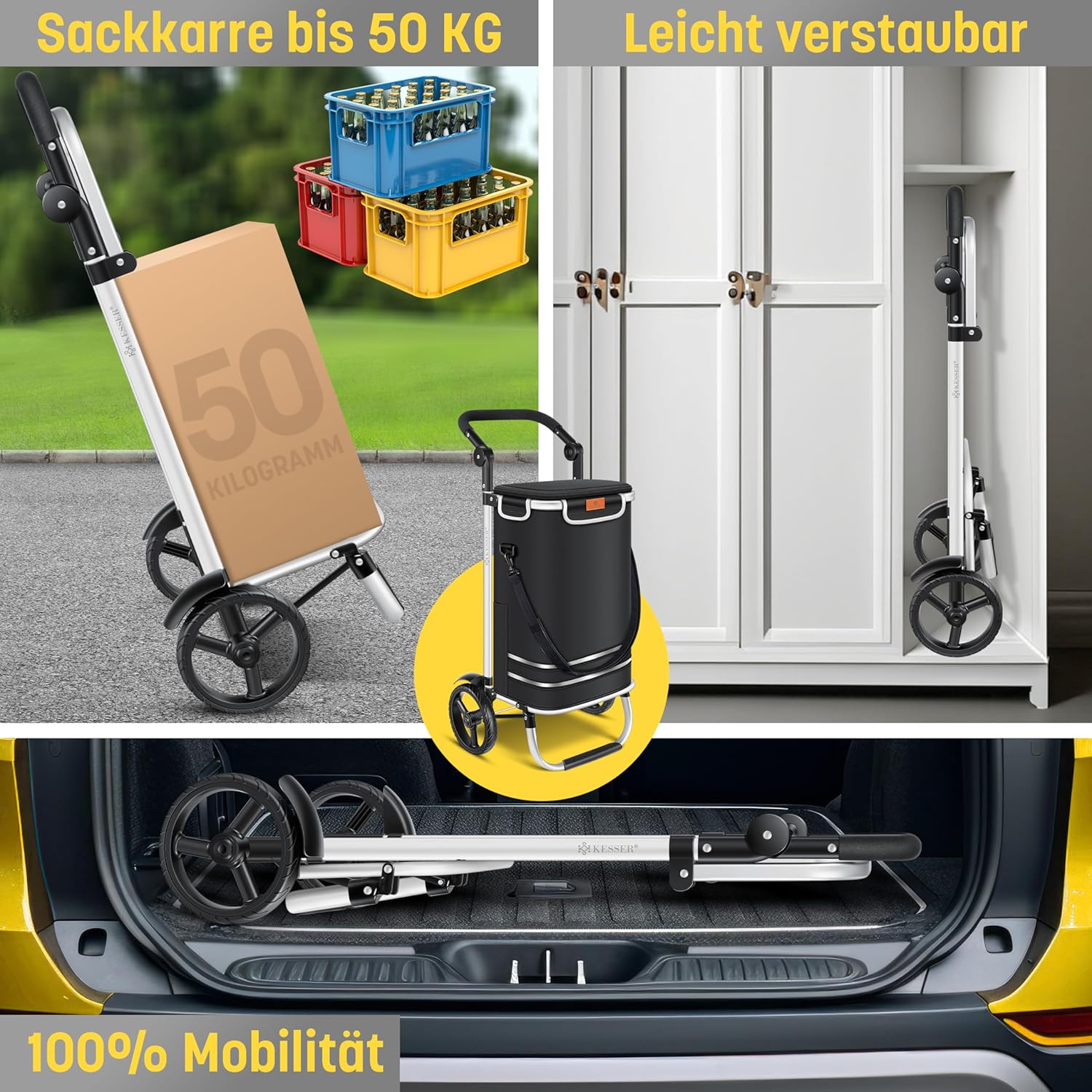 KESSER® Faltbarer Einkaufswagen 56L, 50kg, 3‑in‑1 Wagen, Sack & Schultertasche, Kühlfach