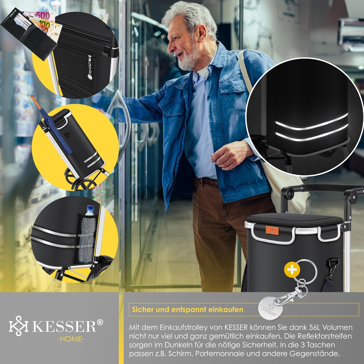 KESSER® Faltbarer Einkaufswagen 56L, 50kg, 3‑in‑1 Wagen, Sack & Schultertasche, Kühlfach