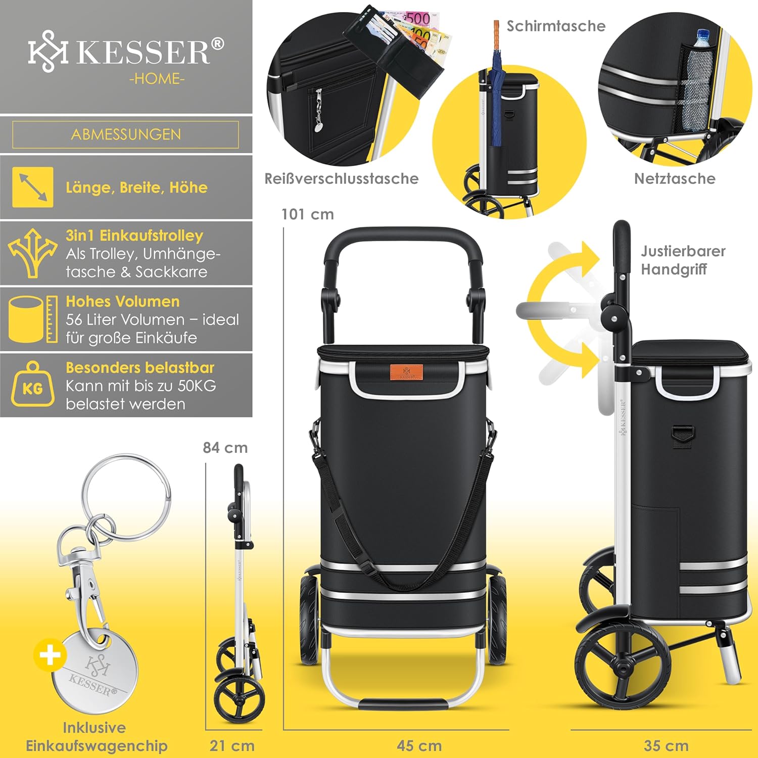 KESSER® Faltbarer Einkaufswagen 56L, 50kg, 3‑in‑1 Wagen, Sack & Schultertasche, Kühlfach