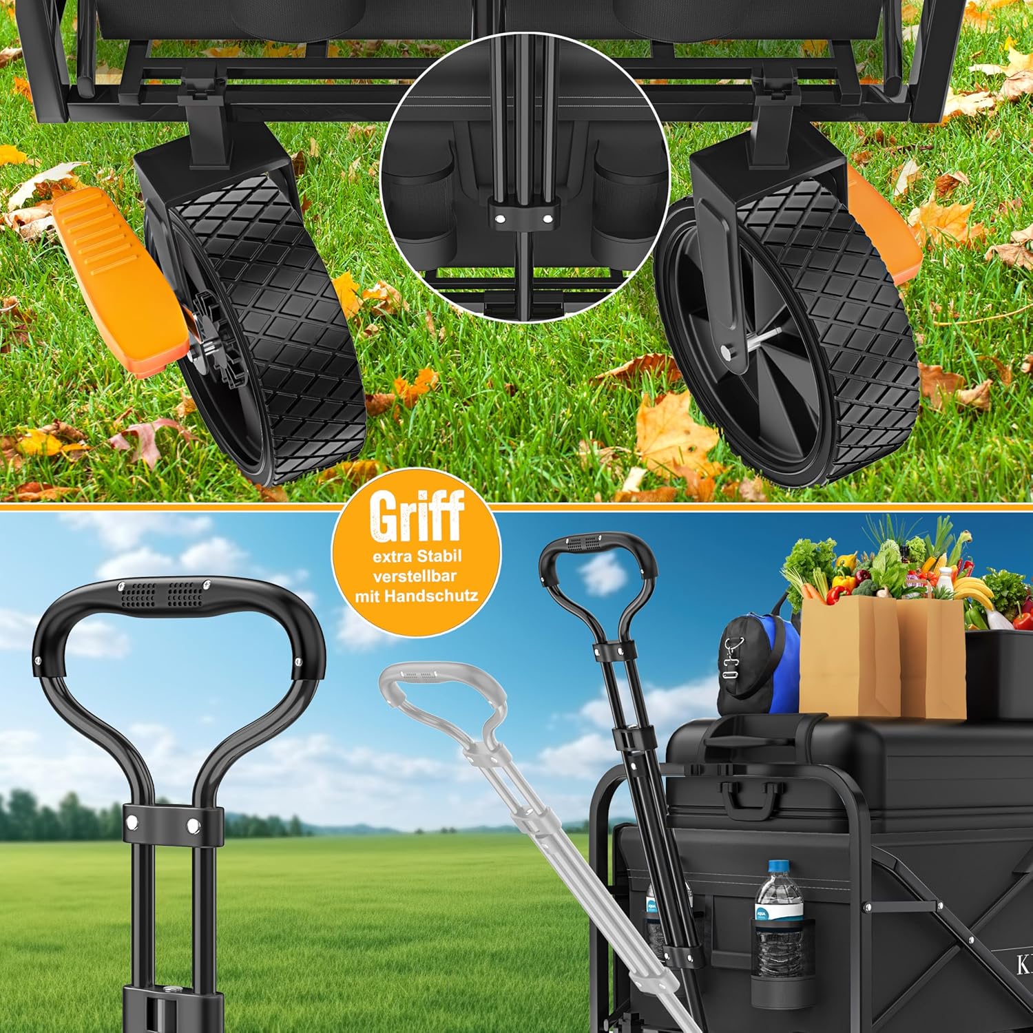 KESSER® faltbarer Handkarren 150 kg, 360° drehbar, PVC Räder, 2 Mesh‑Taschen