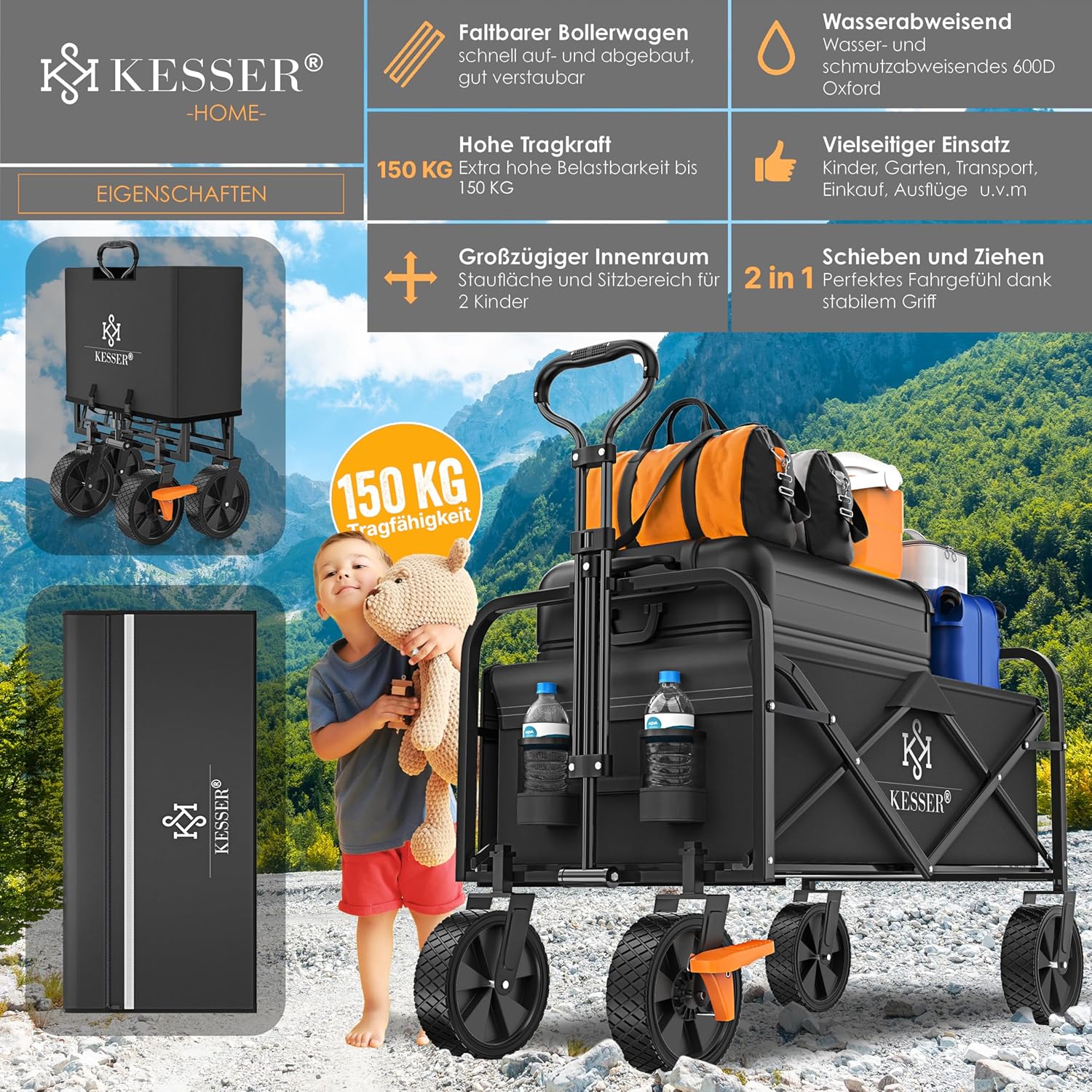 KESSER® faltbarer Handkarren 150 kg, 360° drehbar, PVC Räder, 2 Mesh‑Taschen