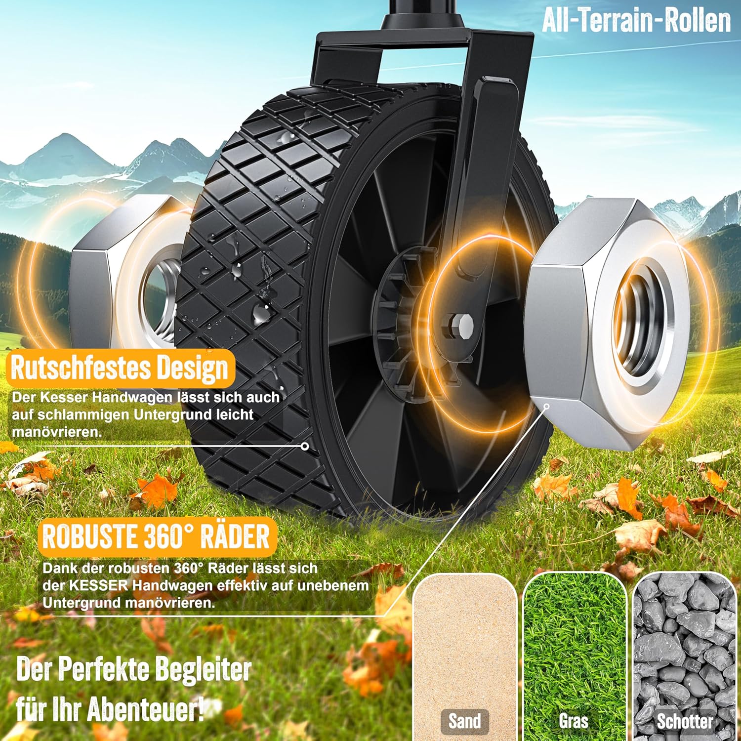 KESSER® faltbarer Handkarren 150 kg, 360° drehbar, PVC Räder, 2 Mesh‑Taschen