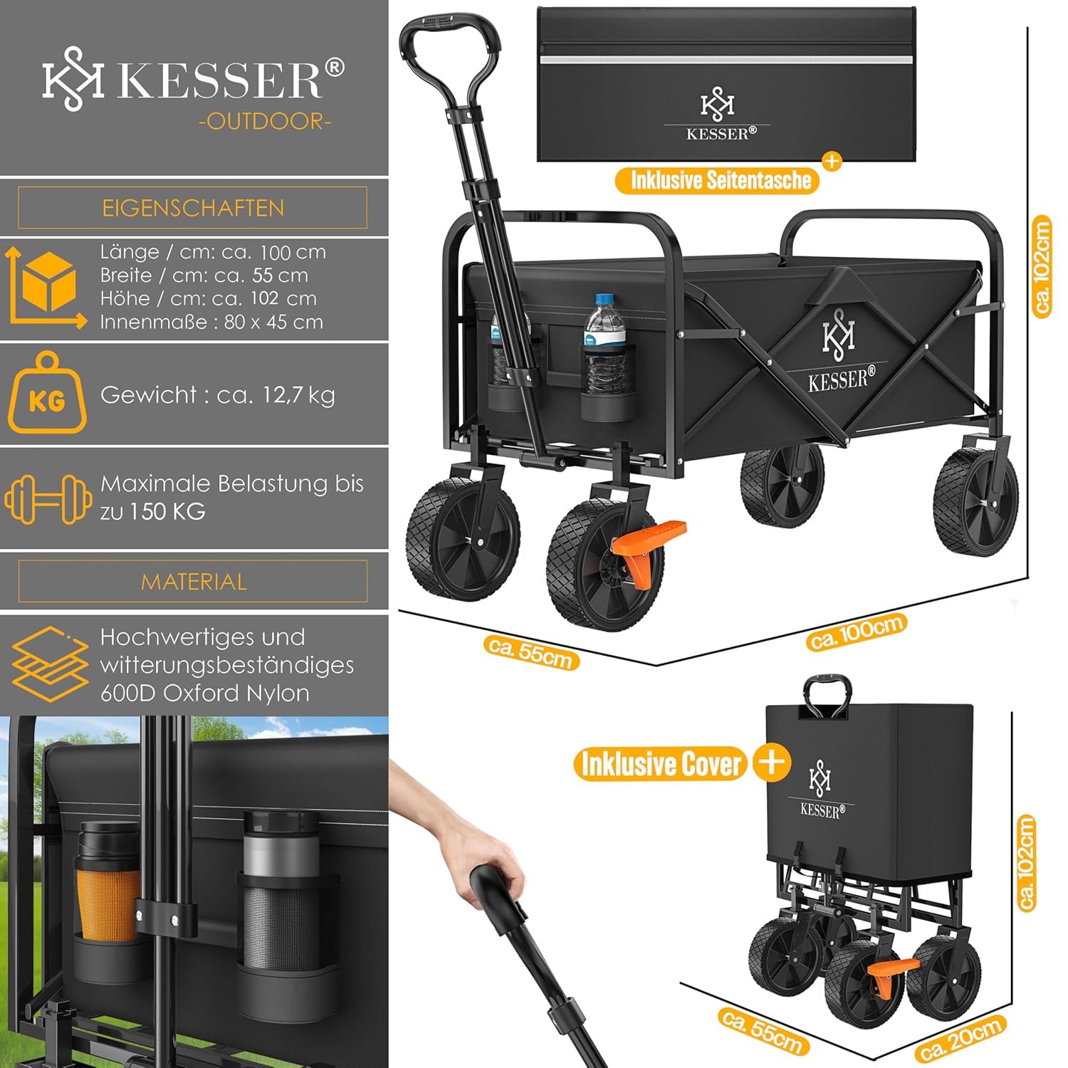 KESSER® faltbarer Handkarren 150 kg, 360° drehbar, PVC Räder, 2 Mesh‑Taschen