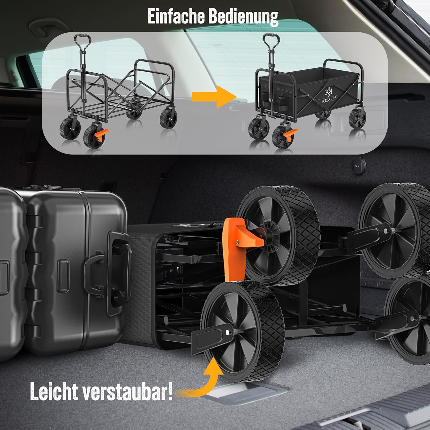 KESSER® faltbarer Handkarren 150 kg, 360° drehbar, PVC Räder, 2 Mesh‑Taschen