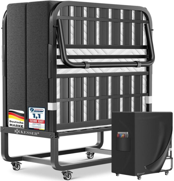 KESSER® Faltbett 200x90 cm mit Memory‑Foam‑Matratze, Rollen, 250 kg Traglast