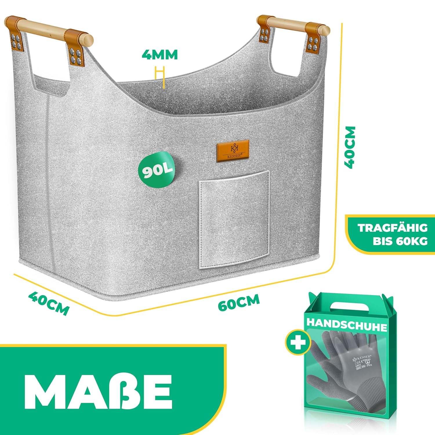 KESSER® Feuerholzkorb 90 L – extra dickes Filz, faltbar, Holzgriffe