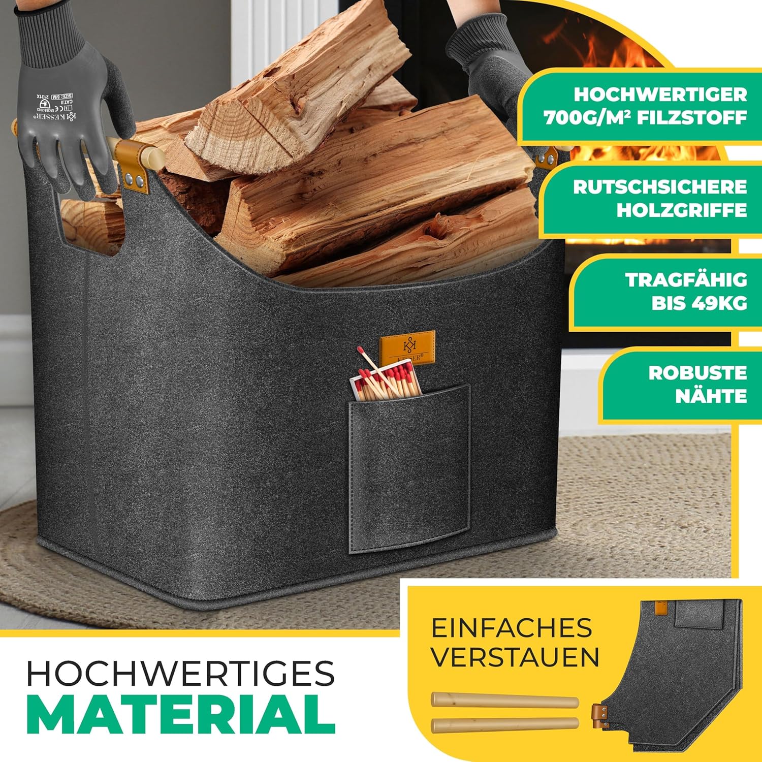 KESSER® Feuerholzkorb 90 L – extra dickes Filz, faltbar, Holzgriffe
