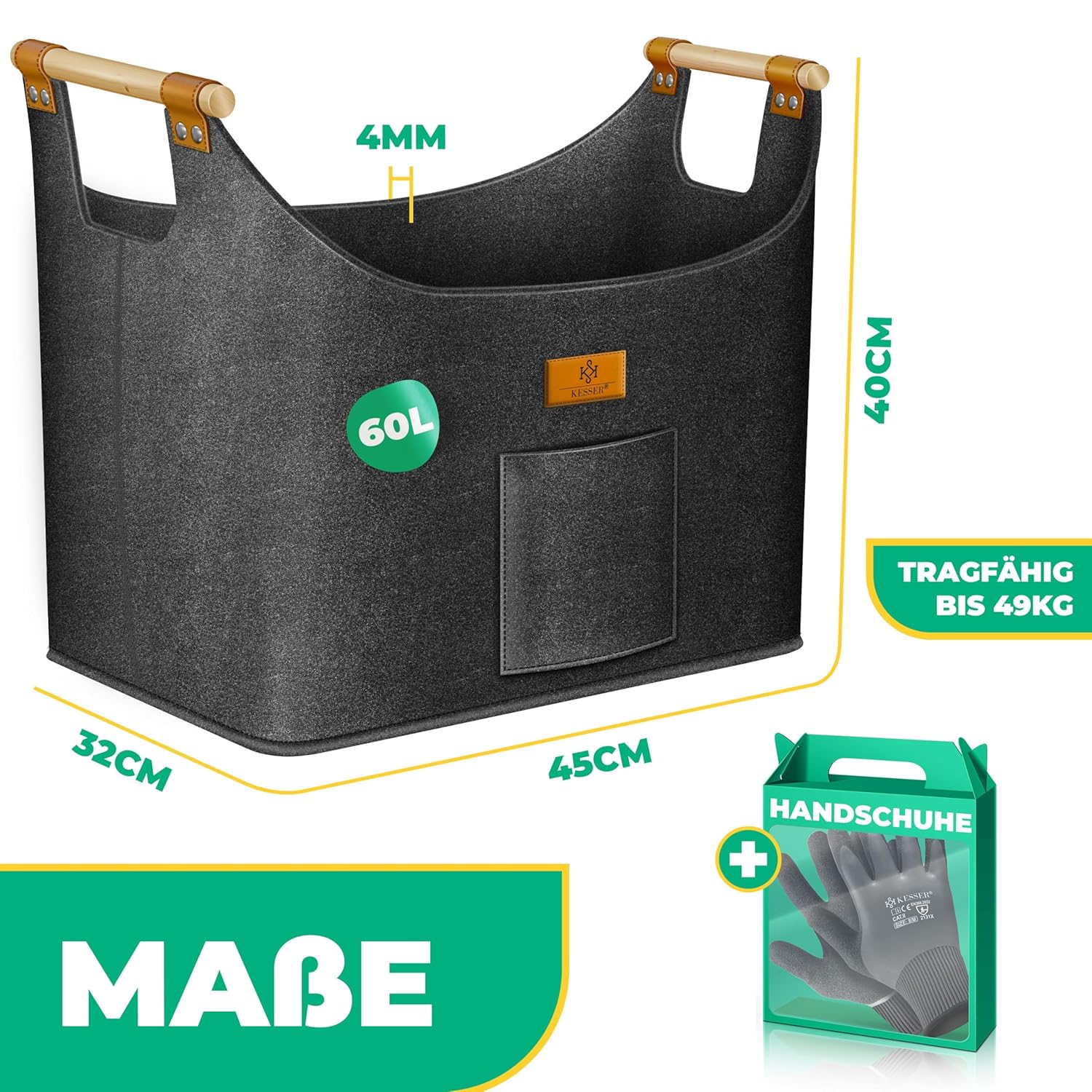 KESSER® Feuerholzkorb 90 L – extra dickes Filz, faltbar, Holzgriffe