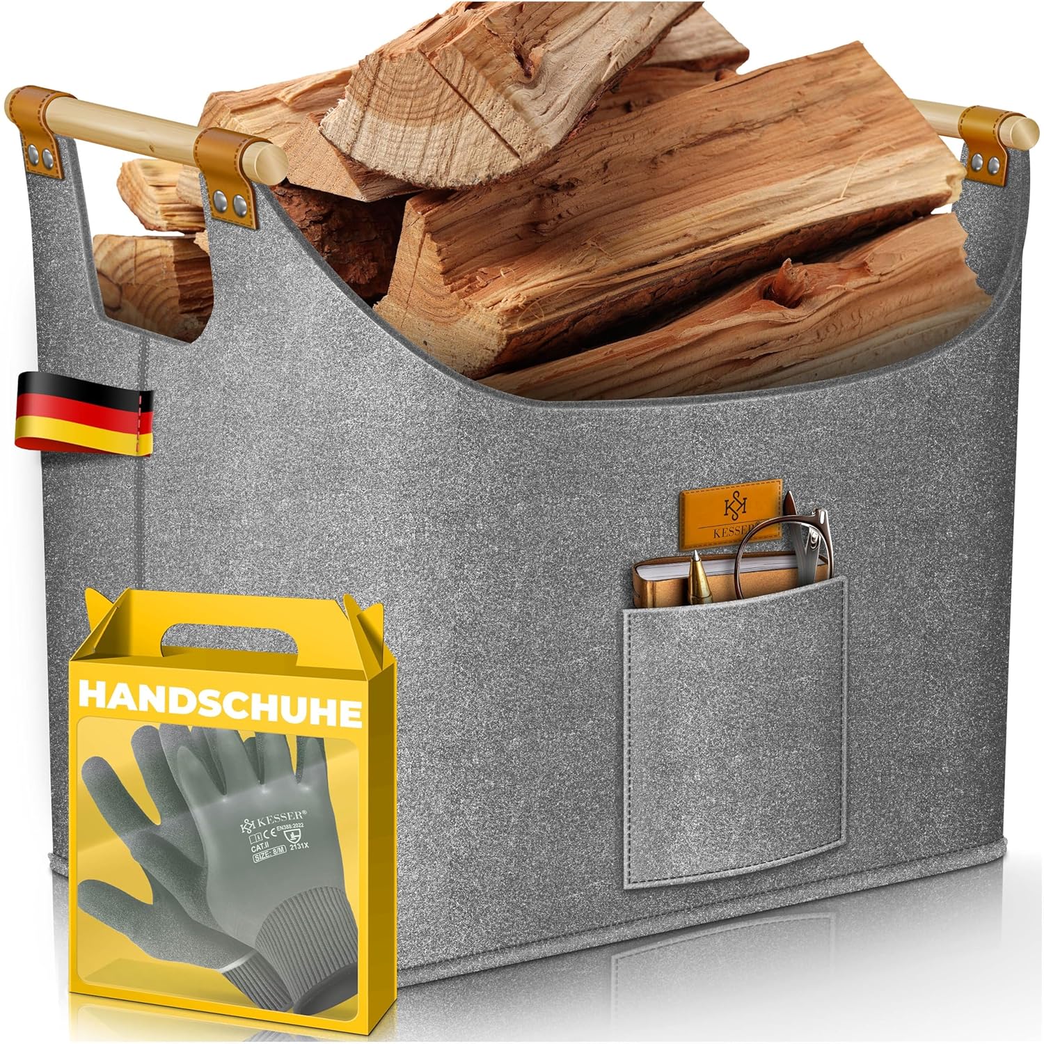 KESSER® Feuerholzkorb 90 L – extra dickes Filz, faltbar, Holzgriffe
