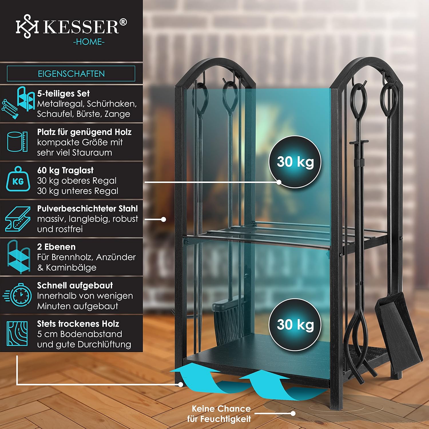 KESSER® Feuerholzregal 5‑Stück, 2‑Stufen, Stahl, innen & außen, 40x30x74,5 cm