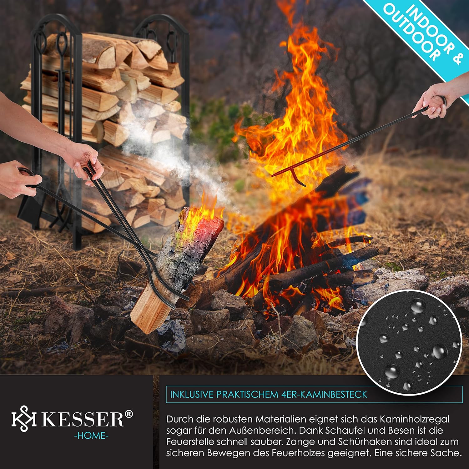 KESSER® Feuerholzregal 5‑Stück, 2‑Stufen, Stahl, innen & außen, 40x30x74,5 cm