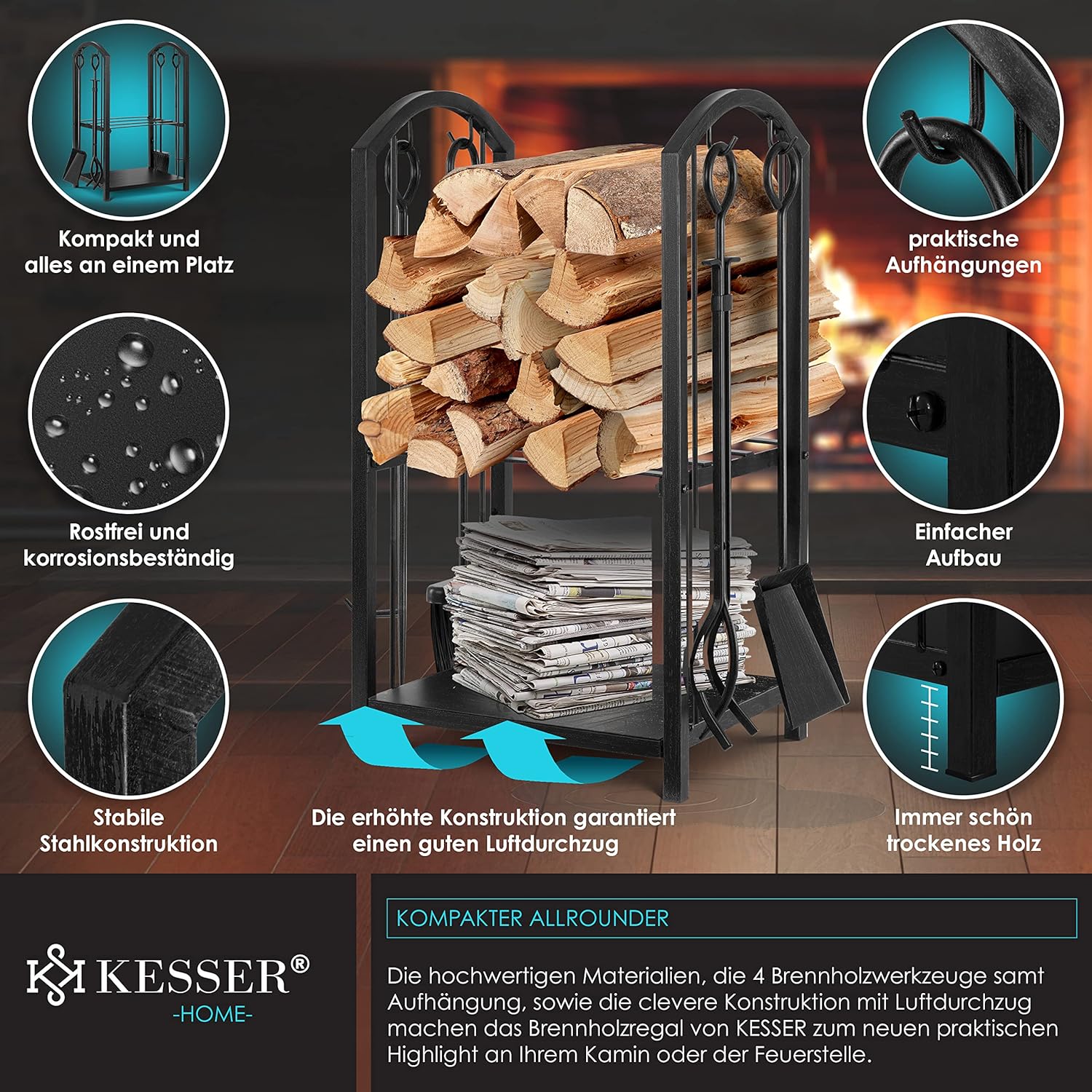 KESSER® Feuerholzregal 5‑Stück, 2‑Stufen, Stahl, innen & außen, 40x30x74,5 cm