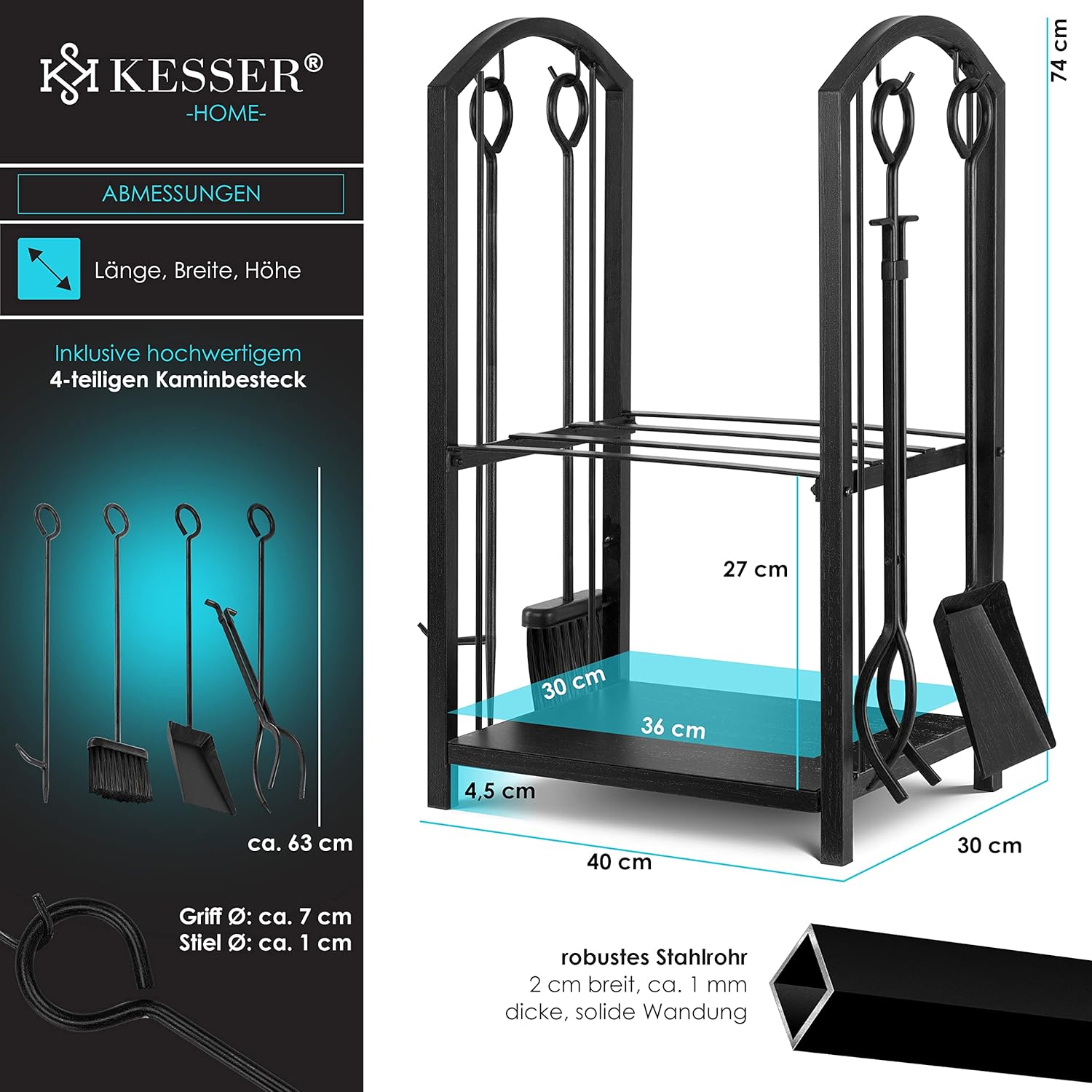 KESSER® Feuerholzregal 5‑Stück, 2‑Stufen, Stahl, innen & außen, 40x30x74,5 cm