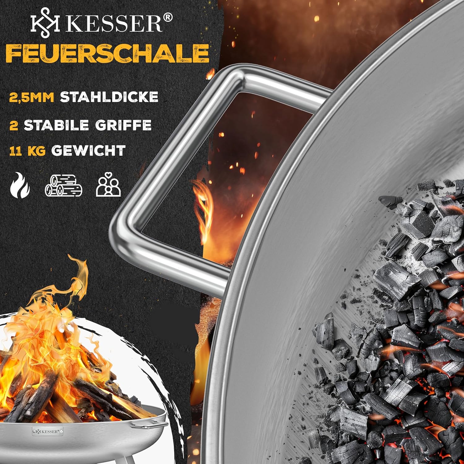 KESSER® Feuerkorb 70 cm, 2,5 mm Stahl, 42 cm Haken, Wasserdurchlass, Holz & Holzkohle