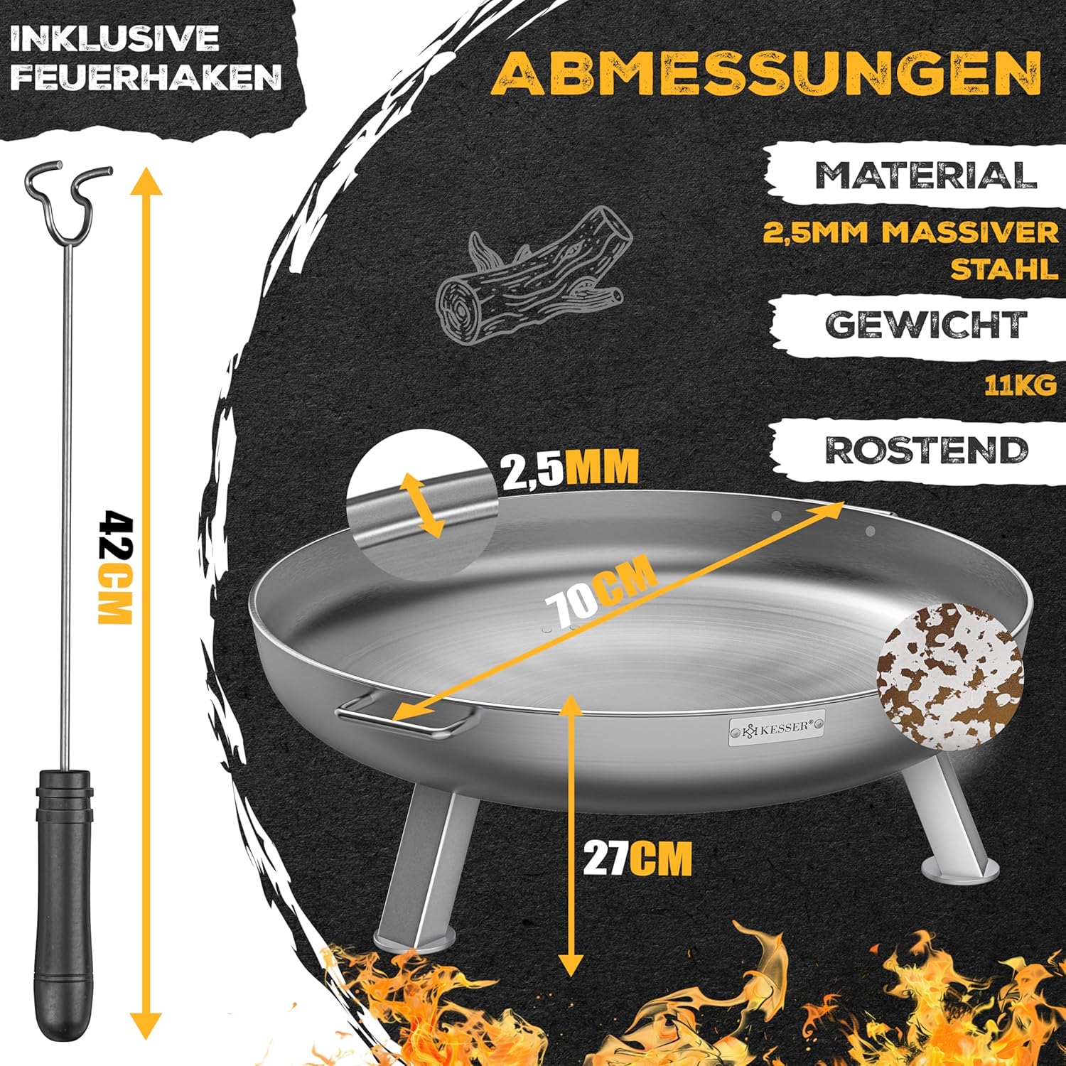 KESSER® Feuerkorb 70 cm, 2,5 mm Stahl, 42 cm Haken, Wasserdurchlass, Holz & Holzkohle