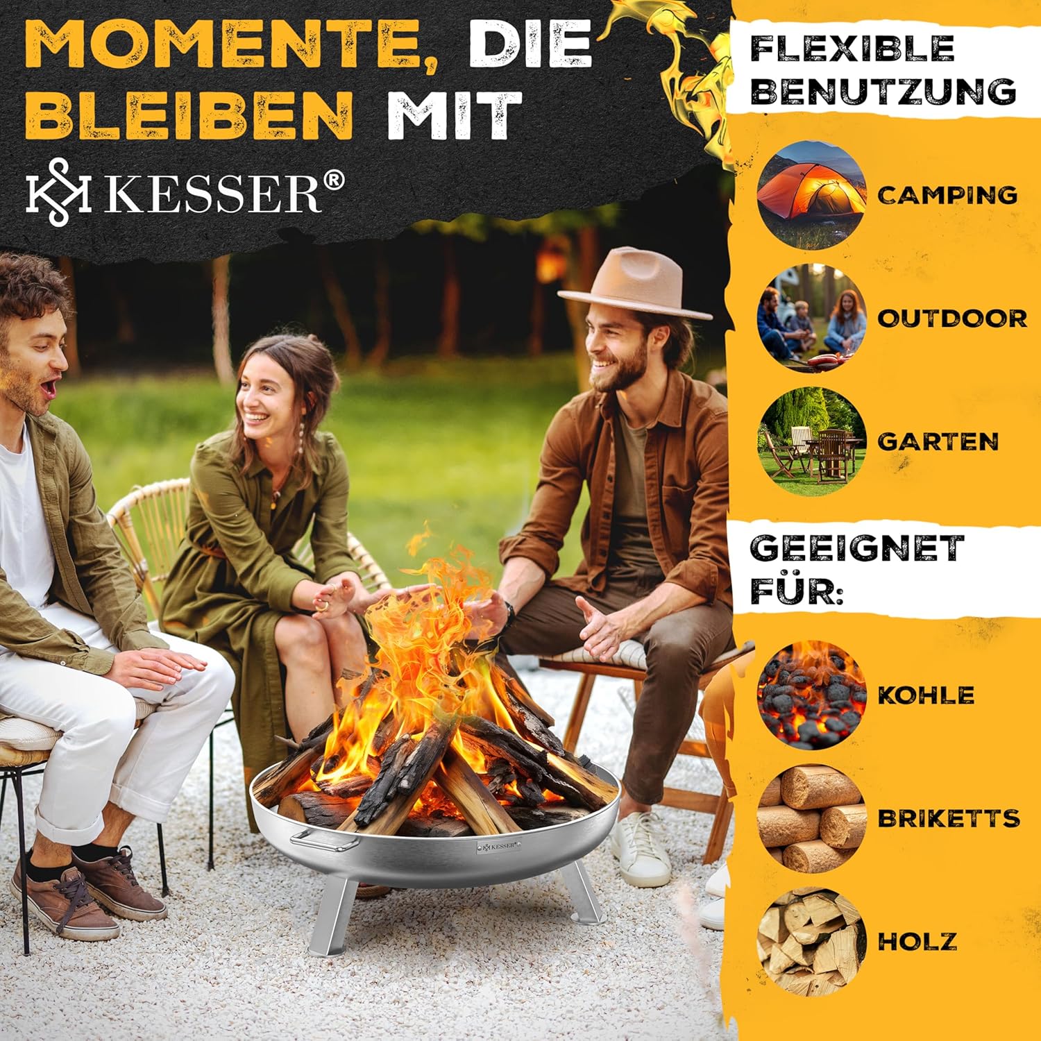 KESSER® Feuerkorb 70 cm, 2,5 mm Stahl, 42 cm Haken, Wasserdurchlass, Holz & Holzkohle