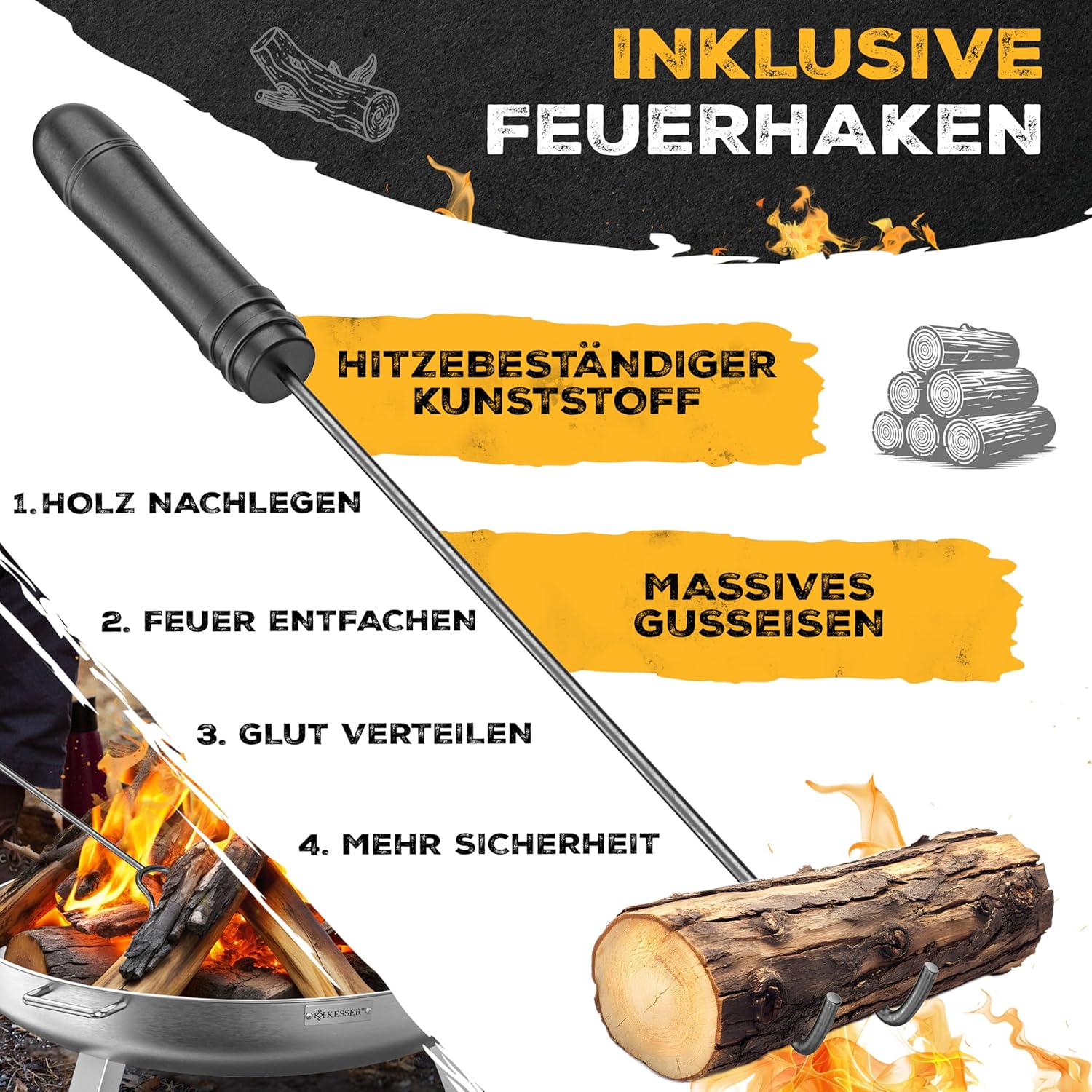 KESSER® Feuerkorb 70 cm, 2,5 mm Stahl, 42 cm Haken, Wasserdurchlass, Holz & Holzkohle