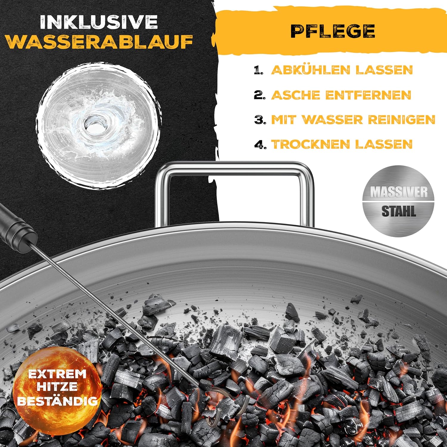 KESSER® Feuerkorb 70 cm, 2,5 mm Stahl, 42 cm Haken, Wasserdurchlass, Holz & Holzkohle