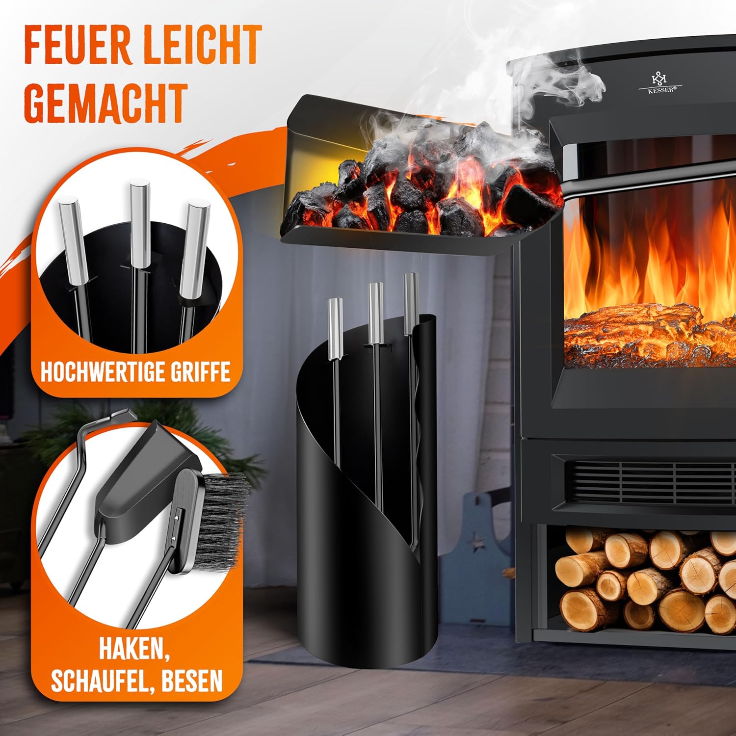 KESSER® Feuerzubehör‑Set 4 Teile – Modern, beschichtet, Edelstahl inkl. Stand