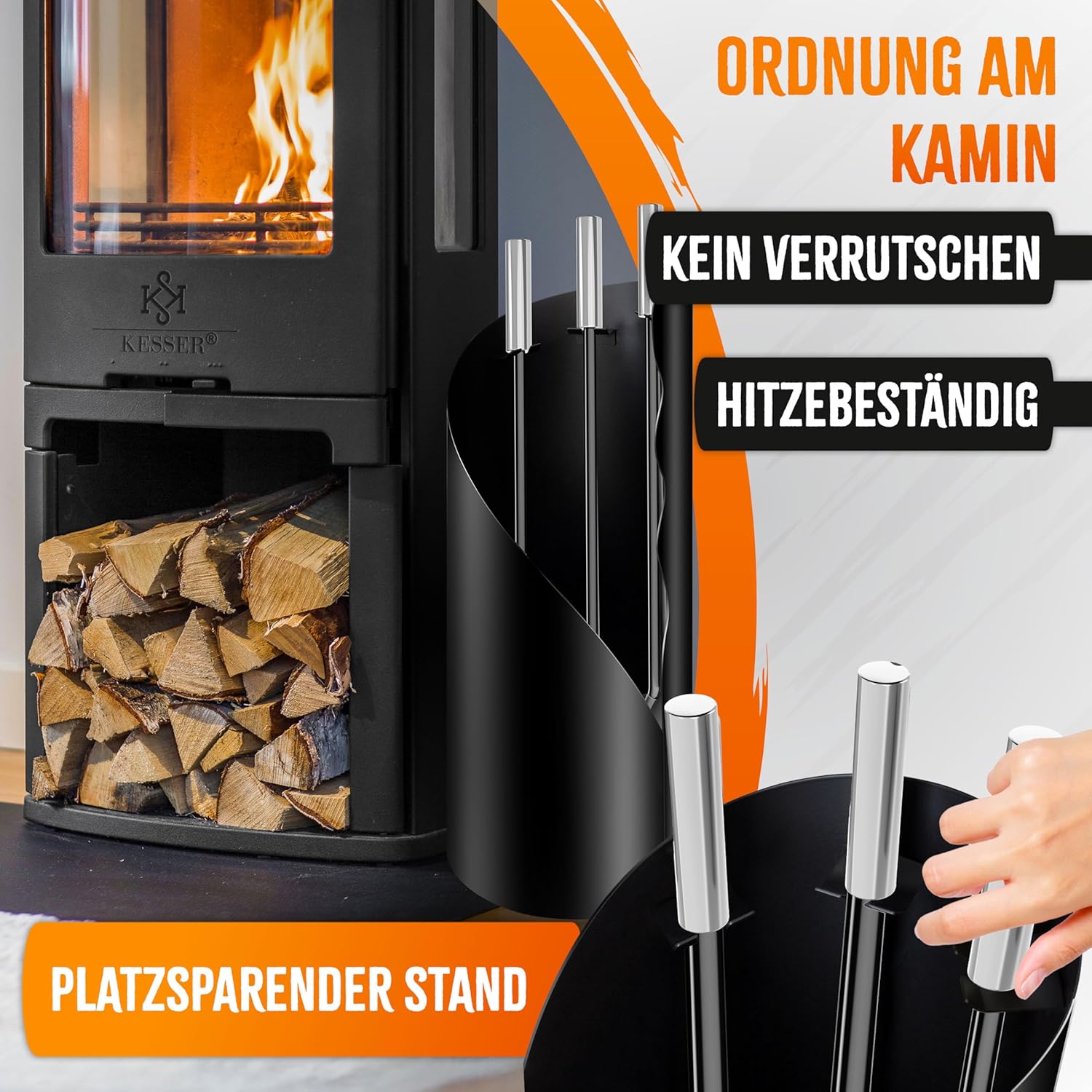 KESSER® Feuerzubehör‑Set 4 Teile – Modern, beschichtet, Edelstahl inkl. Stand