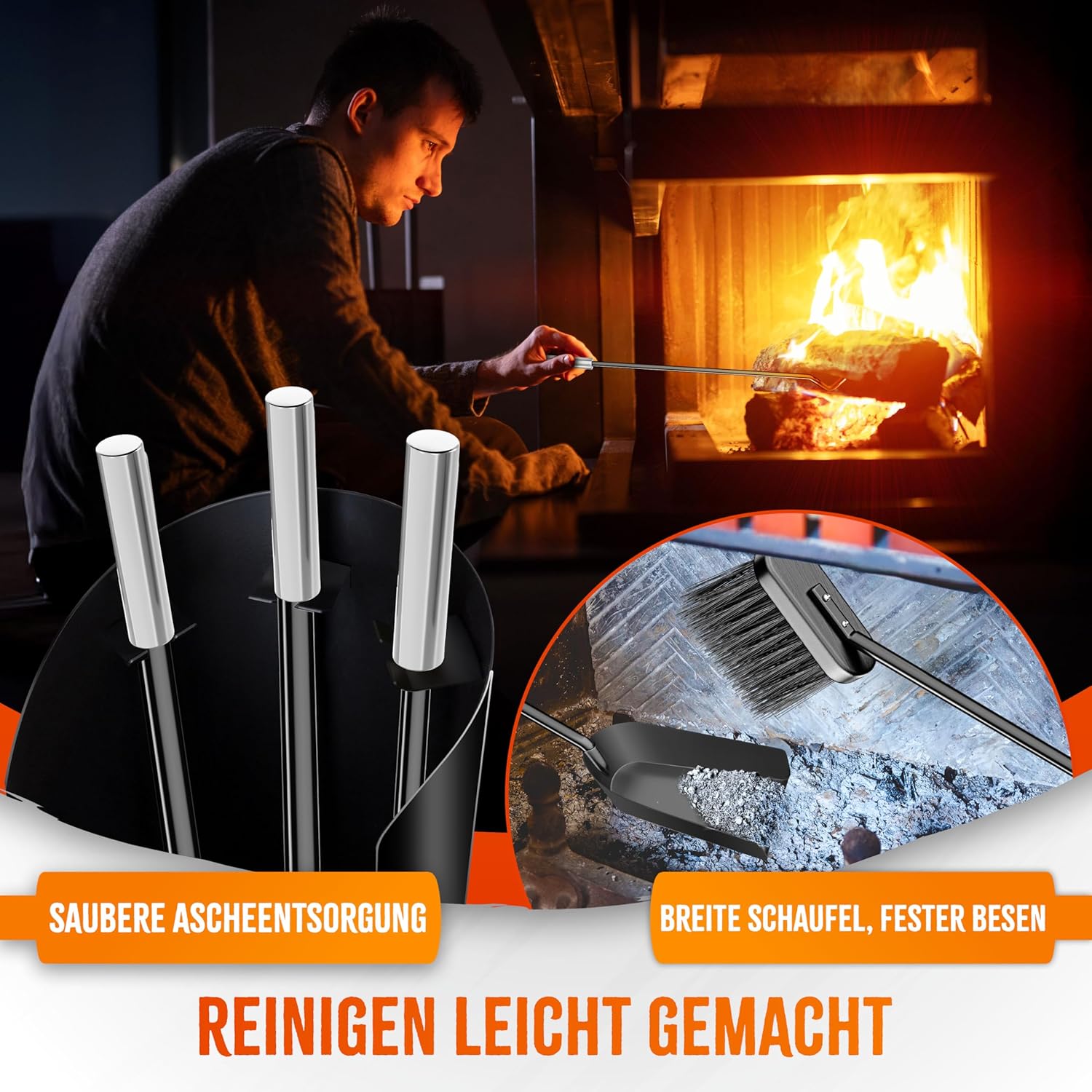 KESSER® Feuerzubehör‑Set 4 Teile – Modern, beschichtet, Edelstahl inkl. Stand