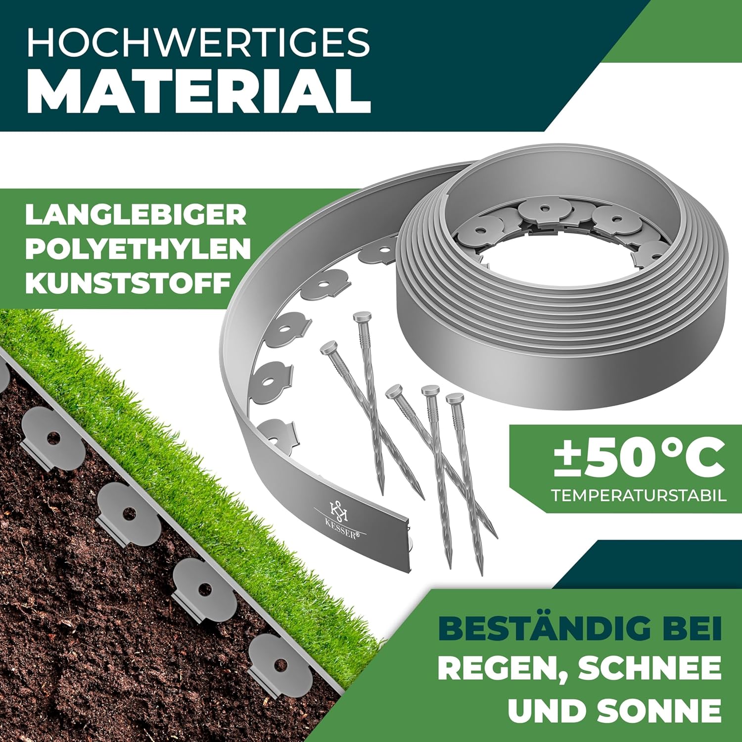 KESSER® Flexibler Gartenzaun 20 m, 5 cm, 130 Befestigungen