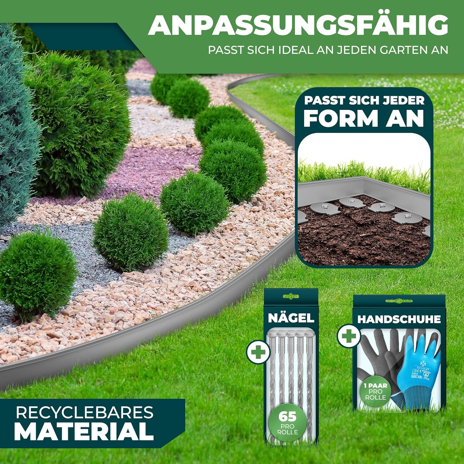 KESSER® Flexibler Gartenzaun 20 m, 5 cm, 130 Befestigungen