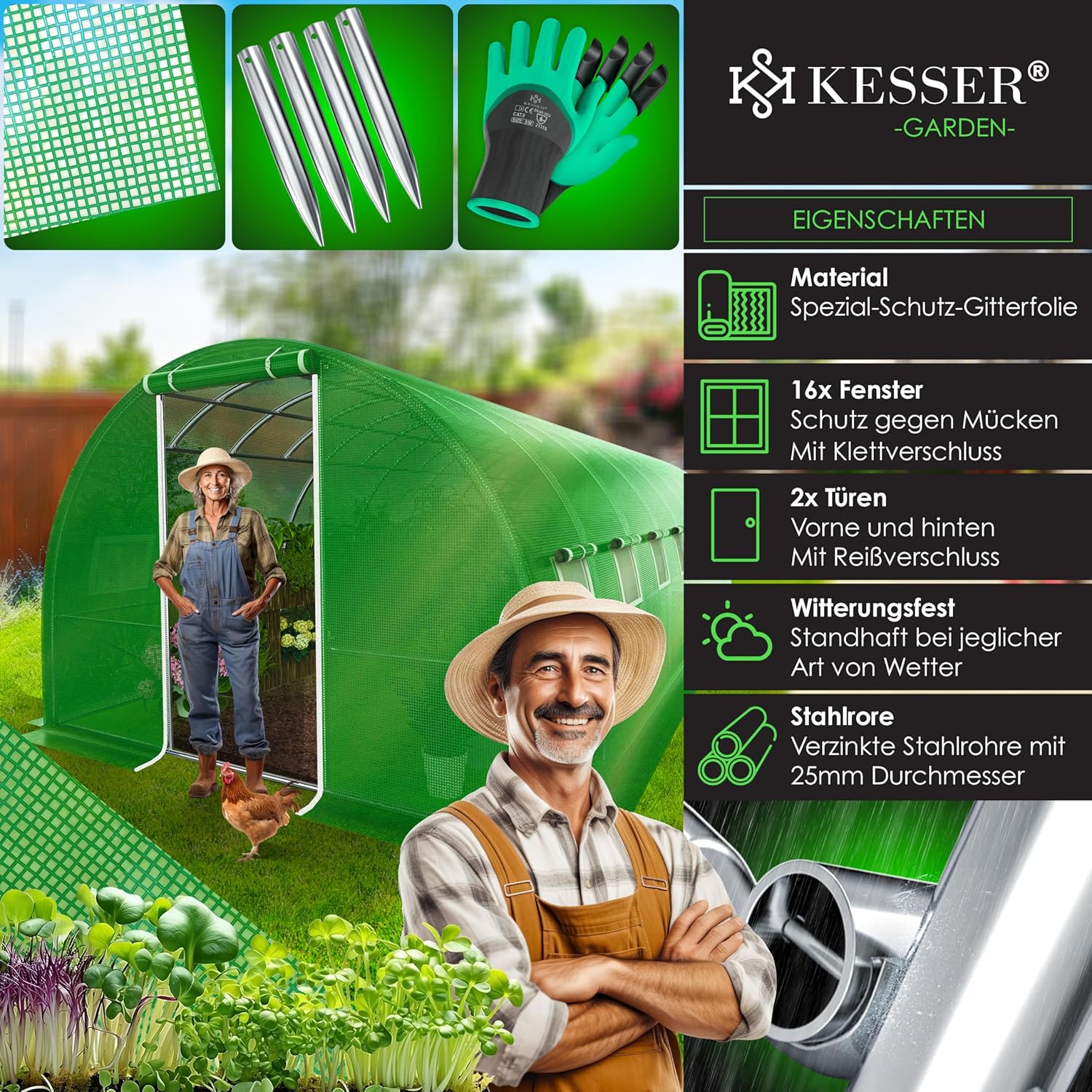 KESSER® Folientunnel 16 Fenster, Mückennetz, Tür, 170 g/m², galvanisiertes Stahlgestell