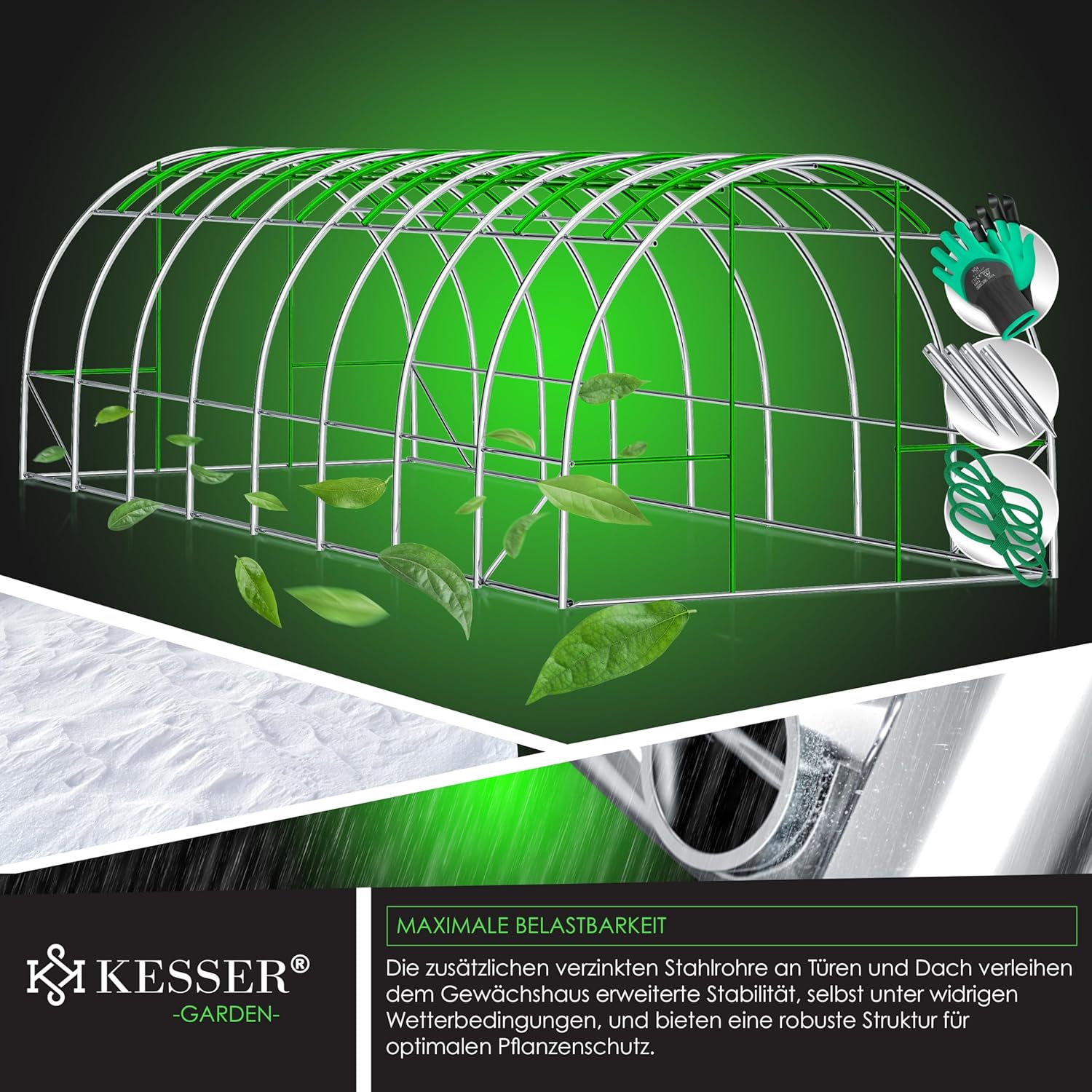 KESSER® Folientunnel 16 Fenster, Mückennetz, Tür, 170 g/m², galvanisiertes Stahlgestell