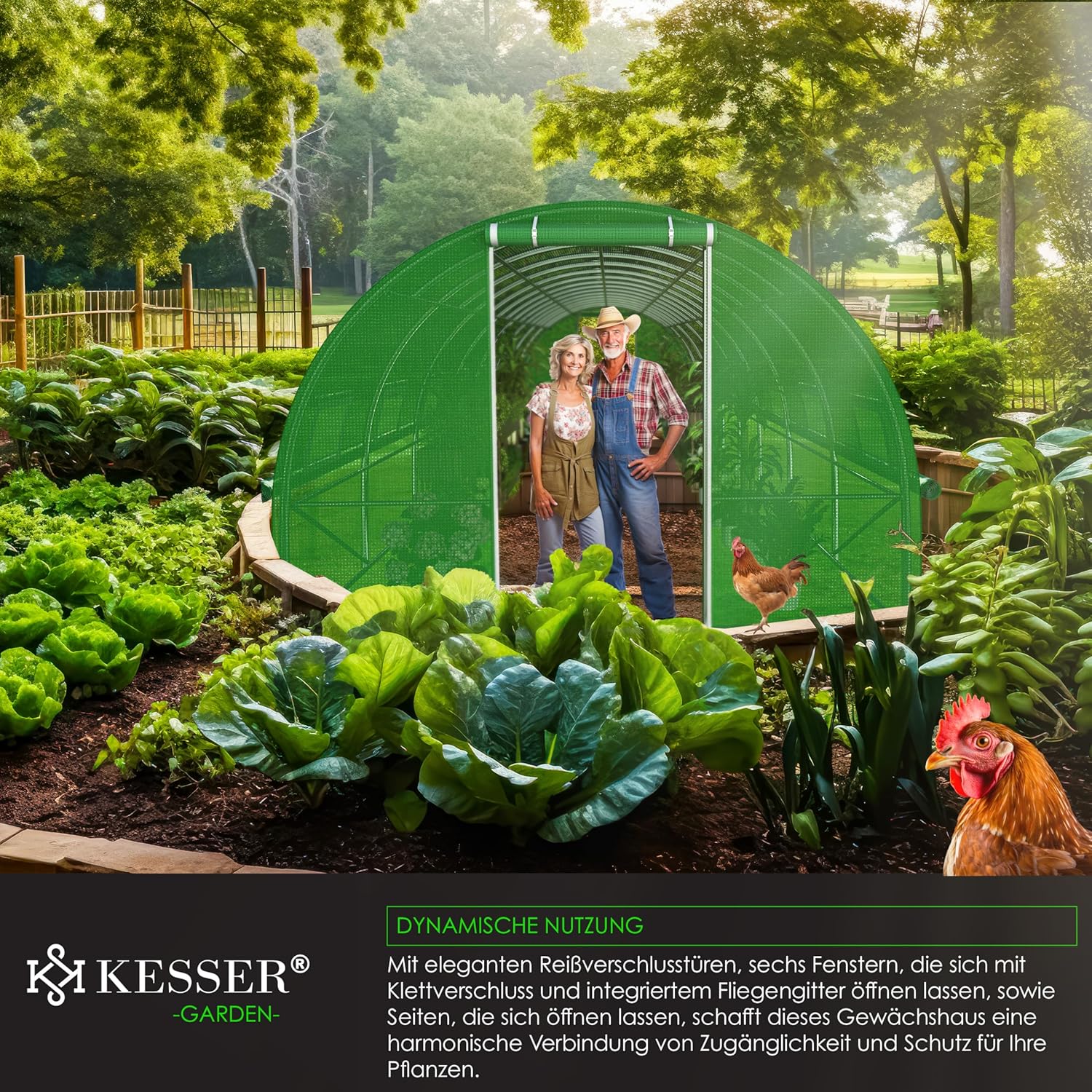 KESSER® Folientunnel 16 Fenster, Mückennetz, Tür, 170 g/m², galvanisiertes Stahlgestell