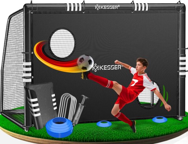 KESSER Fußballtor Outdoor – robust, UV‑beständiges Netz, Stahlrahmen mit Polsterung, Bodenkot