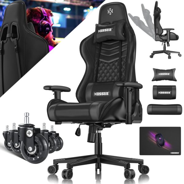 KESSER Gaming Chair – ergonomisch, Kopfstütze, Lendenkissen, 150 kg, 360° Drehung