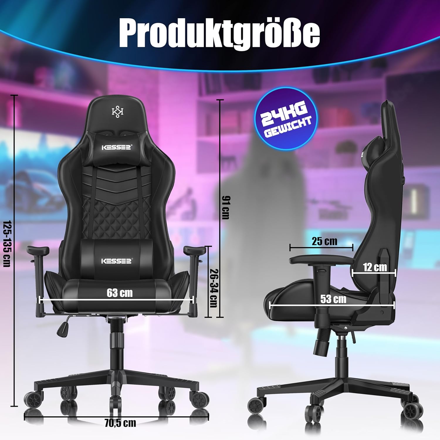 KESSER Gaming Chair – ergonomisch, Kopfstütze, Lendenkissen, 150 kg, 360° Drehung
