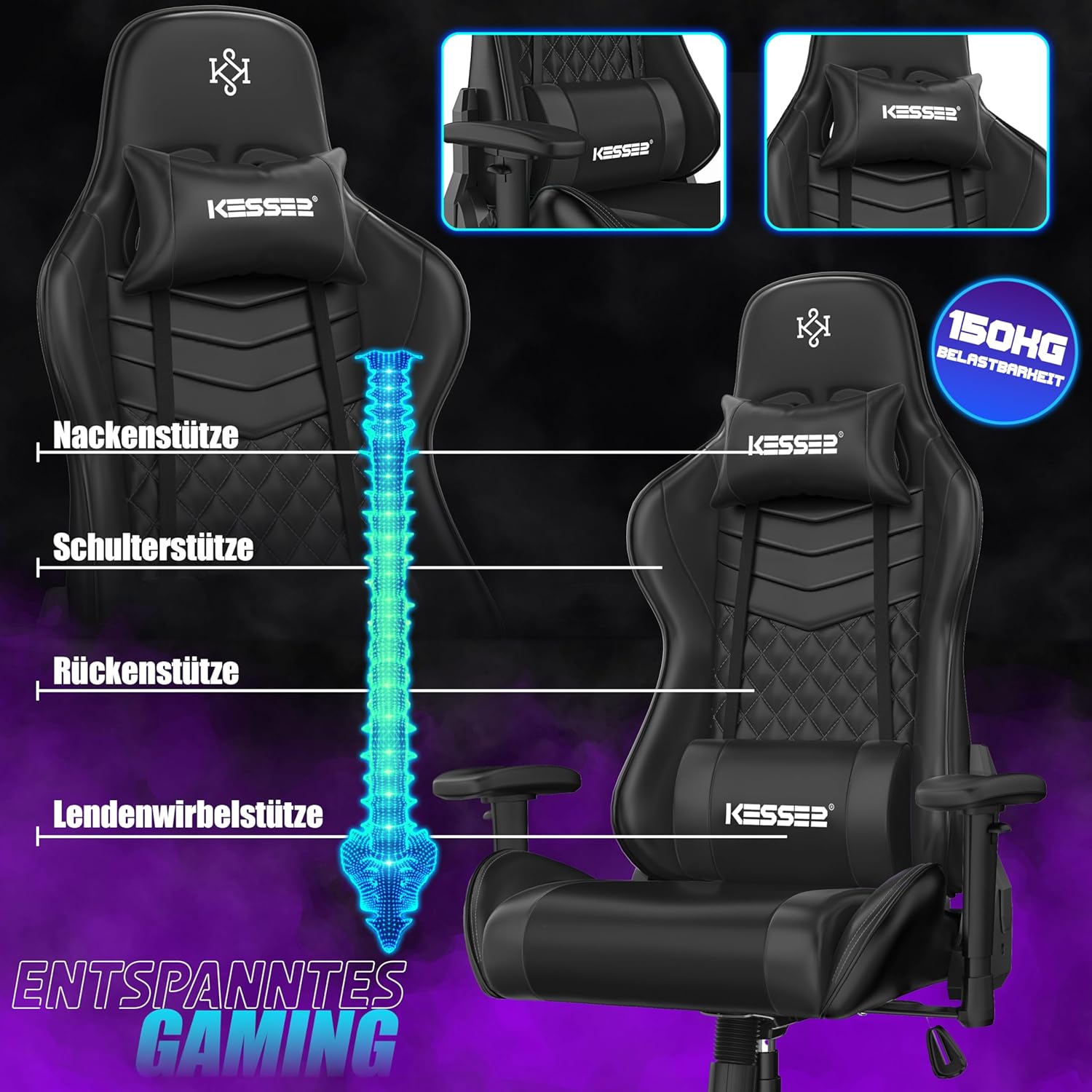 KESSER Gaming Chair – ergonomisch, Kopfstütze, Lendenkissen, 150 kg, 360° Drehung