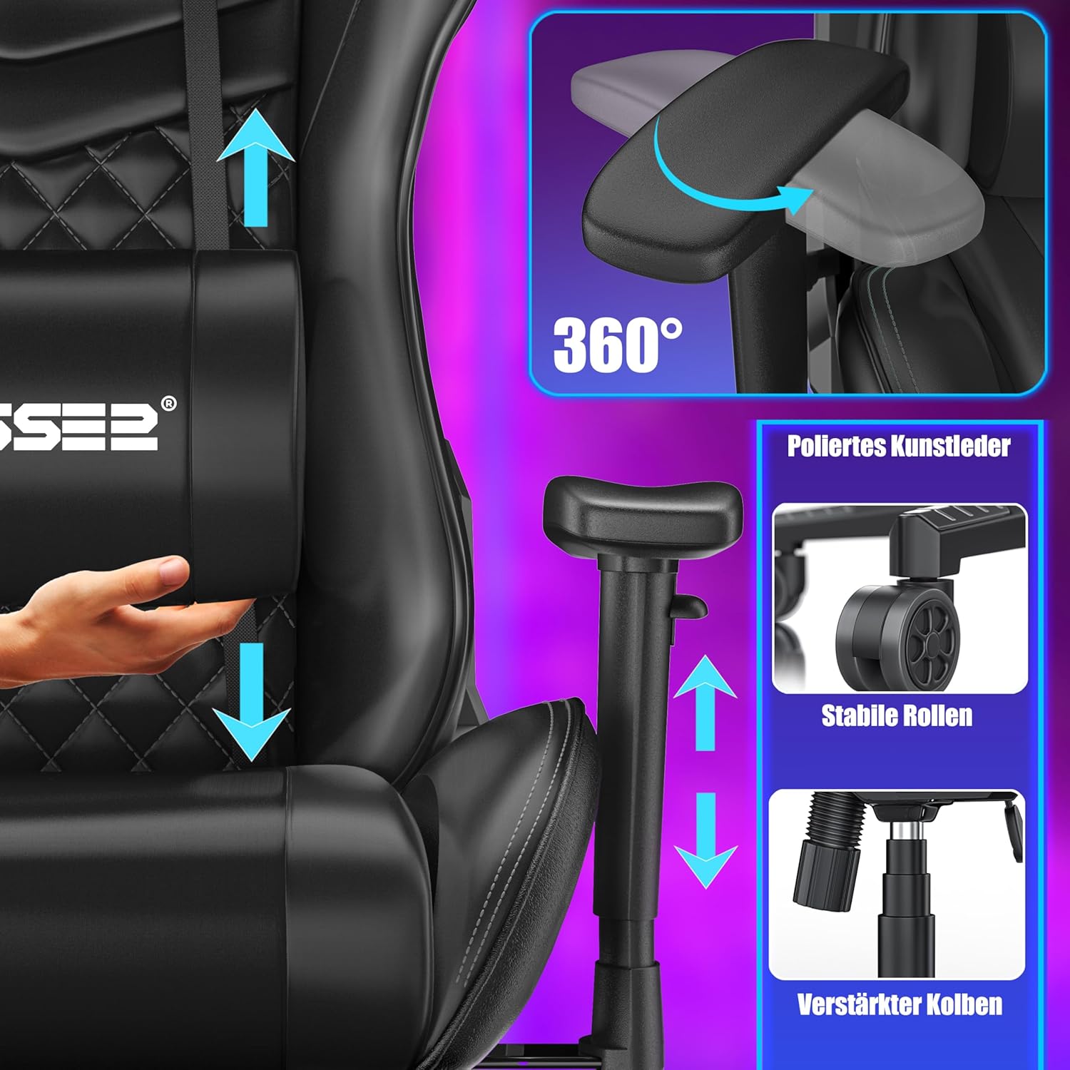 KESSER Gaming Chair – ergonomisch, Kopfstütze, Lendenkissen, 150 kg, 360° Drehung