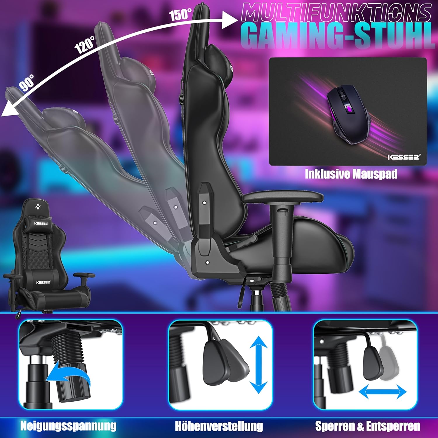 KESSER Gaming Chair – ergonomisch, Kopfstütze, Lendenkissen, 150 kg, 360° Drehung