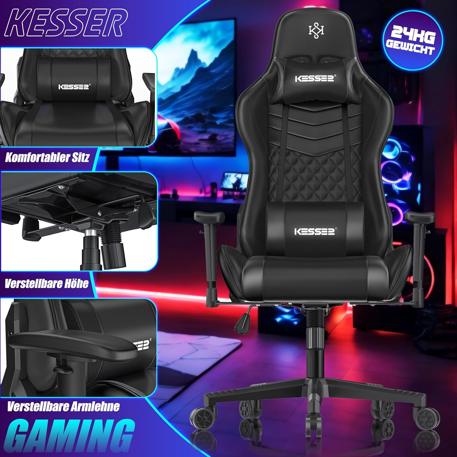 KESSER Gaming Chair – ergonomisch, Kopfstütze, Lendenkissen, 150 kg, 360° Drehung