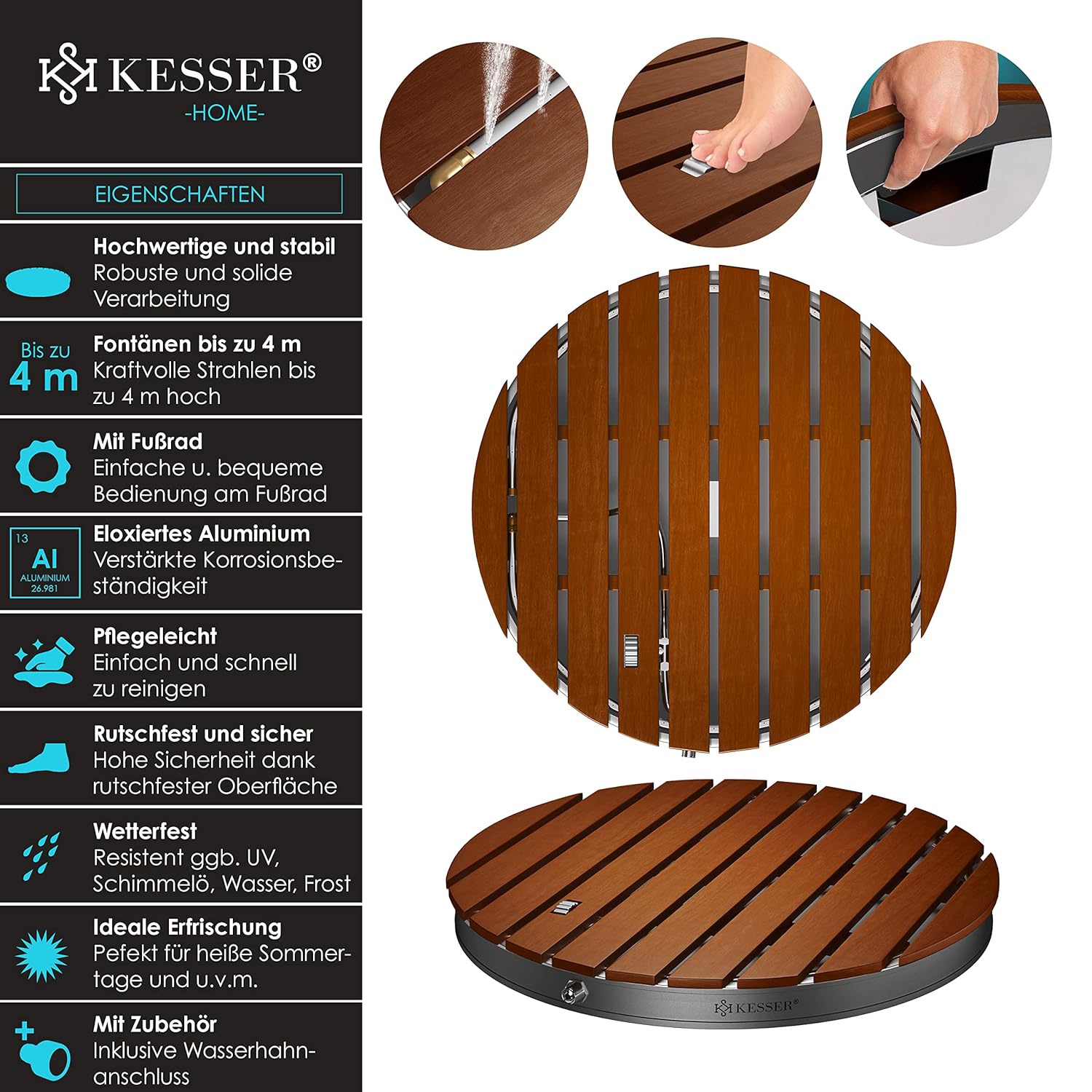 KESSER Garten-Dusche 70 cm, höhenverstellbar bis 4 m, Fußrad, Aluminium/WPC, rutschfest