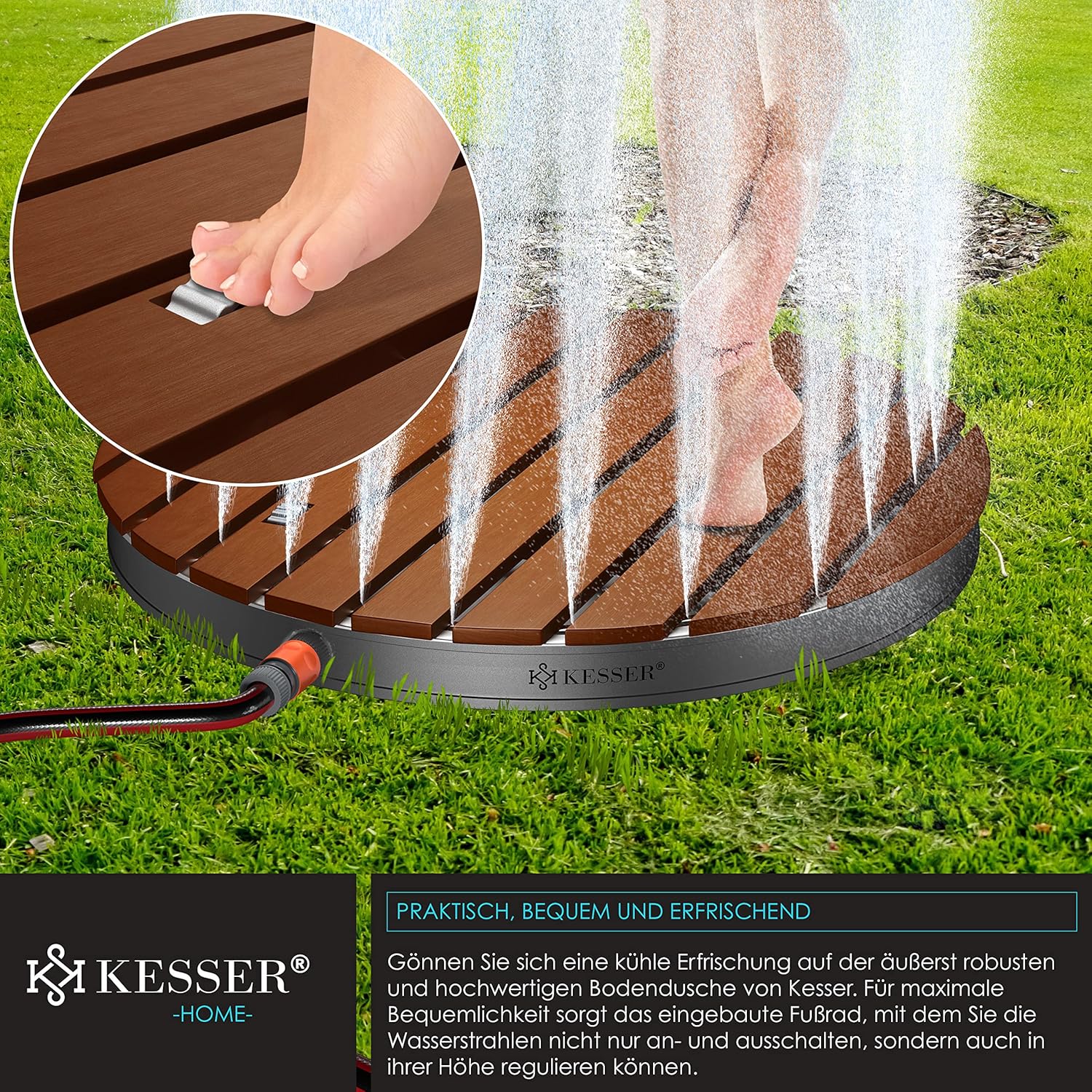 KESSER Garten-Dusche 70 cm, höhenverstellbar bis 4 m, Fußrad, Aluminium/WPC, rutschfest