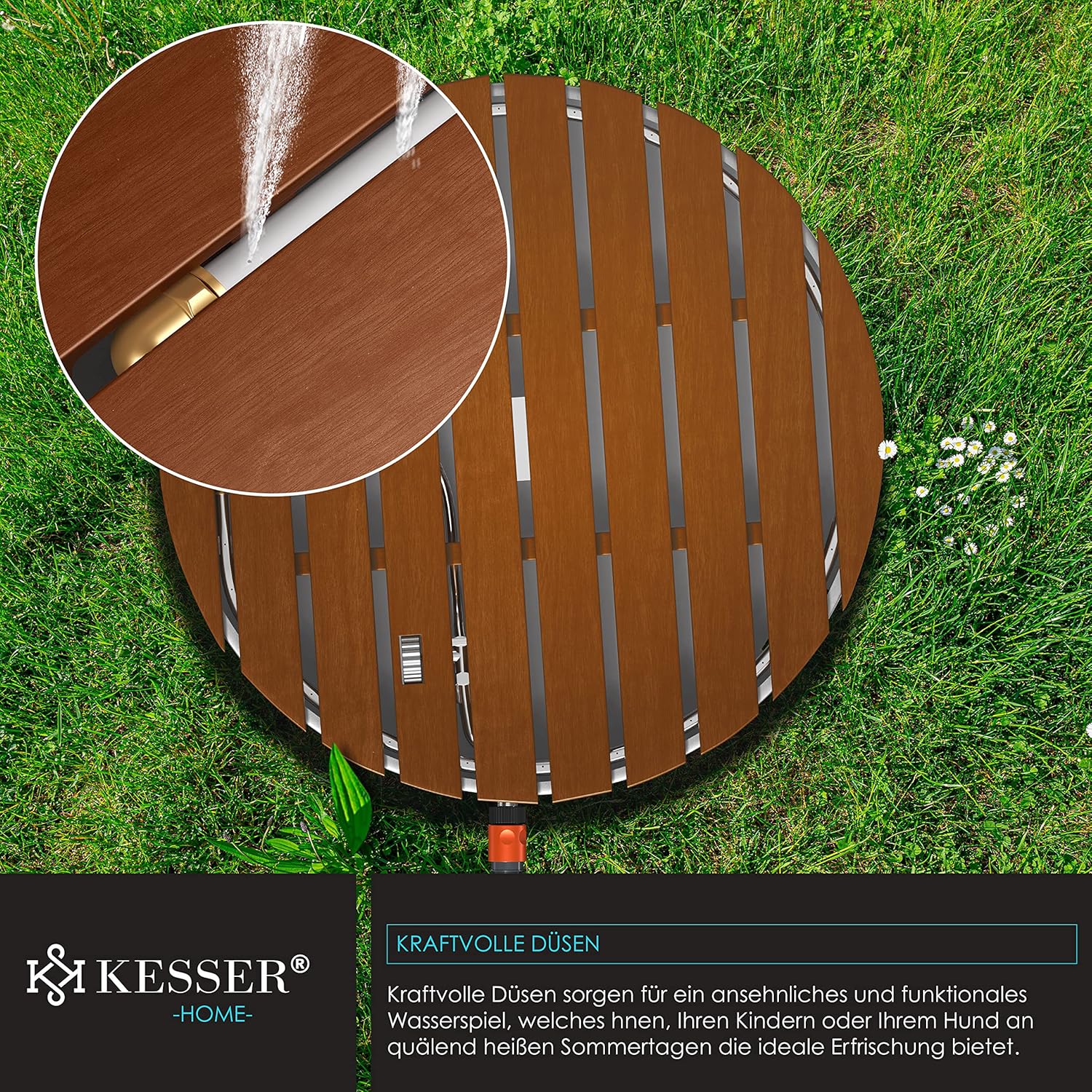 KESSER Garten-Dusche 70 cm, höhenverstellbar bis 4 m, Fußrad, Aluminium/WPC, rutschfest