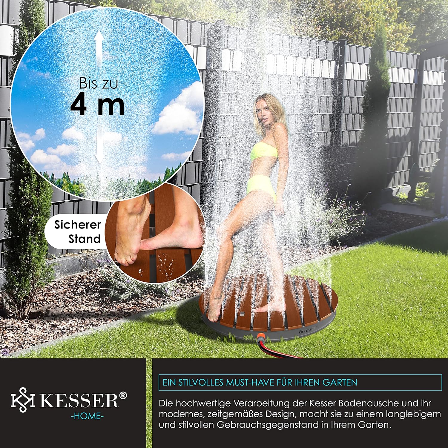 KESSER Garten-Dusche 70 cm, höhenverstellbar bis 4 m, Fußrad, Aluminium/WPC, rutschfest