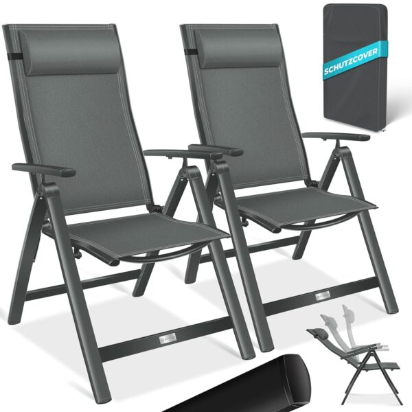 KESSER Garten‑Faltstuhl Hochrücken, Armlehnen, 7‑Wege Rücken, Aluminium, 2er Set