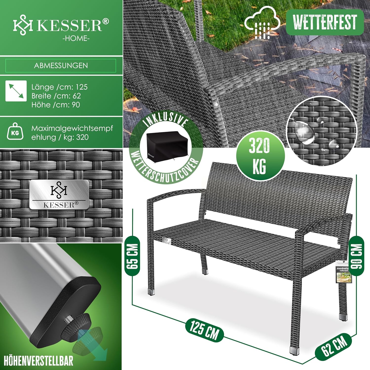 KESSER Gartenbank Polyrattan 2-Sitzer, wetterfest, UV‑beständig, 320 kg Tragkraft