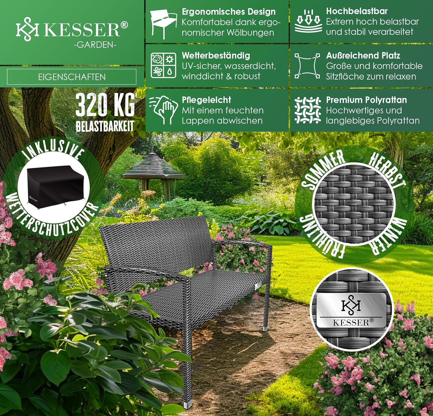 KESSER Gartenbank Polyrattan 2-Sitzer, wetterfest, UV‑beständig, 320 kg Tragkraft